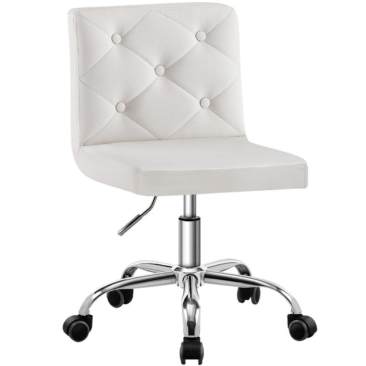 VECELO PU Leather Mid-Back Armless Vanity Chair Adjustable Height 360° Rolling Swivel for Home Office Work, White