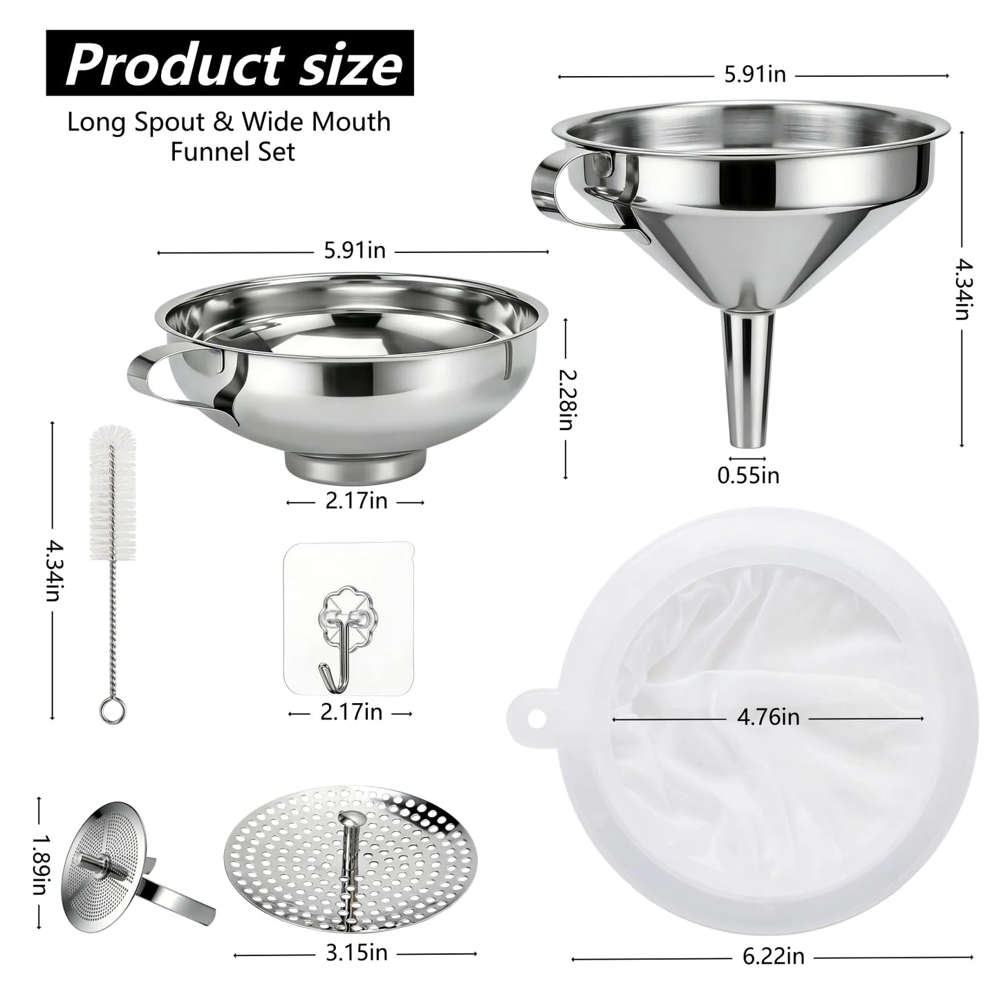 SWJLR Stainless Steel 2 Pack Funnel Set Long Spout Funnel for Narrow Neck Bottles (Oil, Sauce) Wide Mouth Funnel for Mason Jars, Canning with 200μm Fine Mesh Strainer & Removable Filters (Large Set)