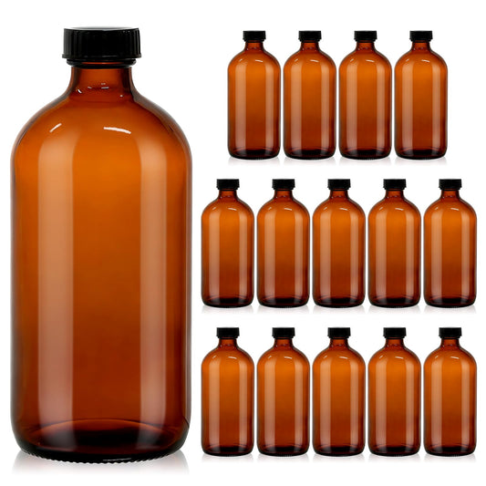 15 Pack 16 oz Amber Glass Boston Round Bottles with Phenolic Polycone Caps – Airtight, Leak-Proof Brown Bottles for Kombucha Brewing, Storing Condiments, Essential Oils, and Homemade Solutions
