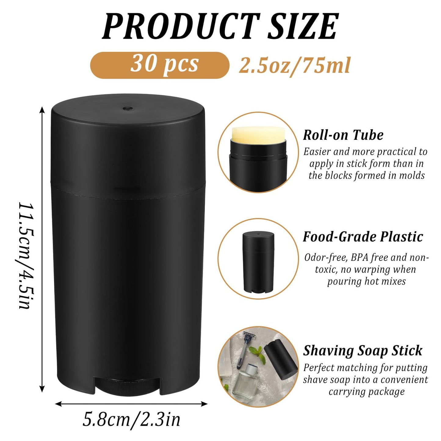 Douaowoc 30 Pcs 75ml/2.5oz Plastic Deodorant Containers,Empty Oval Twist-Up Solid Stick Tube Container for Homemade Deodorant,Shaving Soap Stick,Heel Lip Balm,Solid Lotion Bars-Top Filling, Black