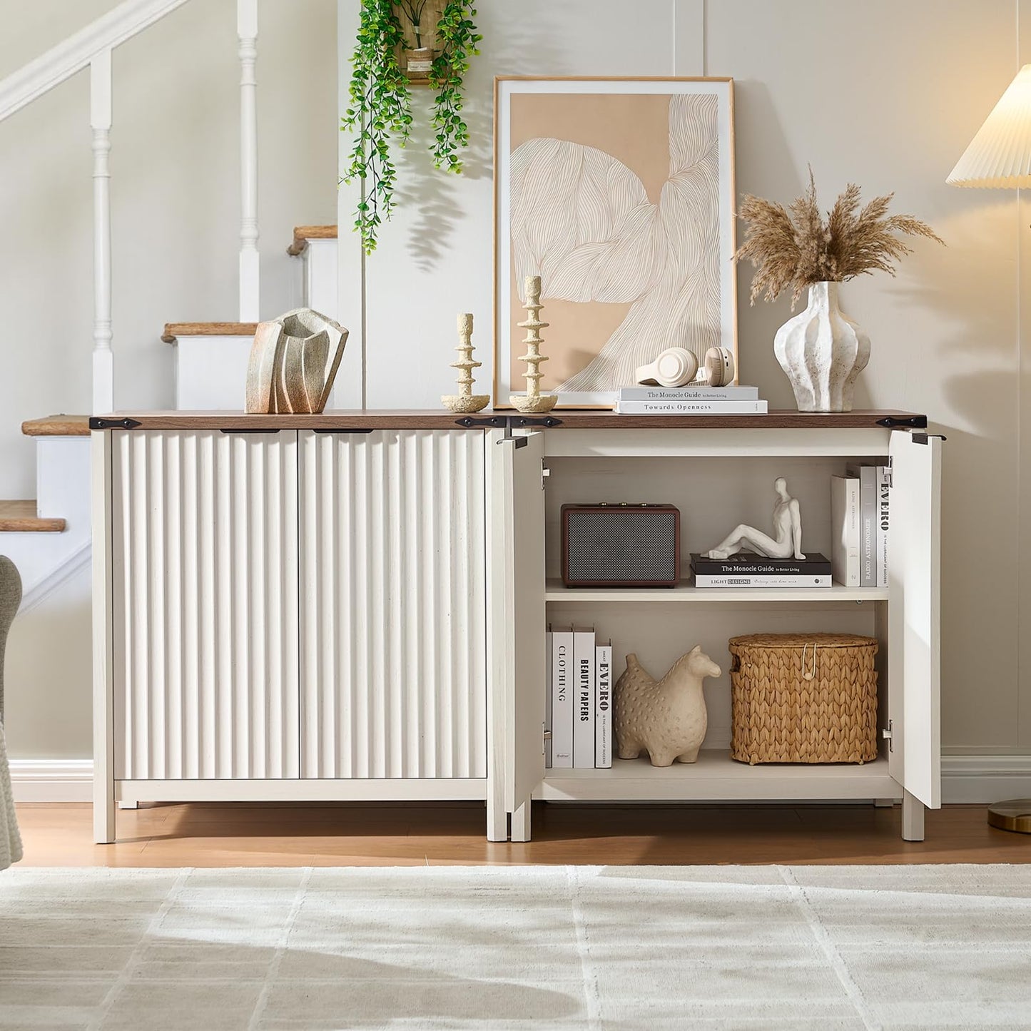 BuildHom 32" Sideboard Buffet Cabinet with Storage, Fluted Accent Storage Cabinet with 2 Doors, Modern Accent Coffee Bar Console Table for Kitchen, Entryway, Antique White