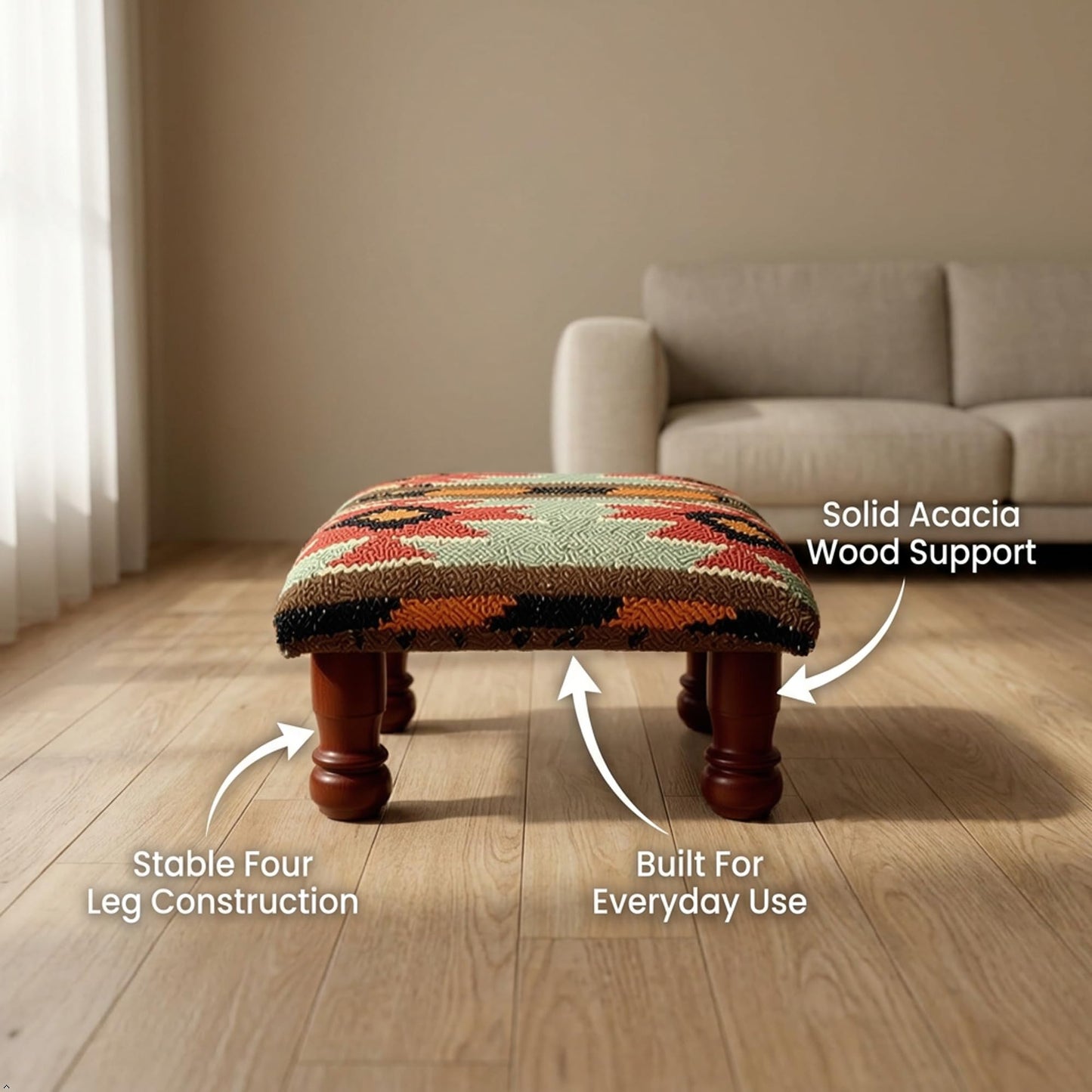 Sanwariya Rugs Kilim Upholstered Ottoman Foot Bench Acacia Wood Tribal Pattern