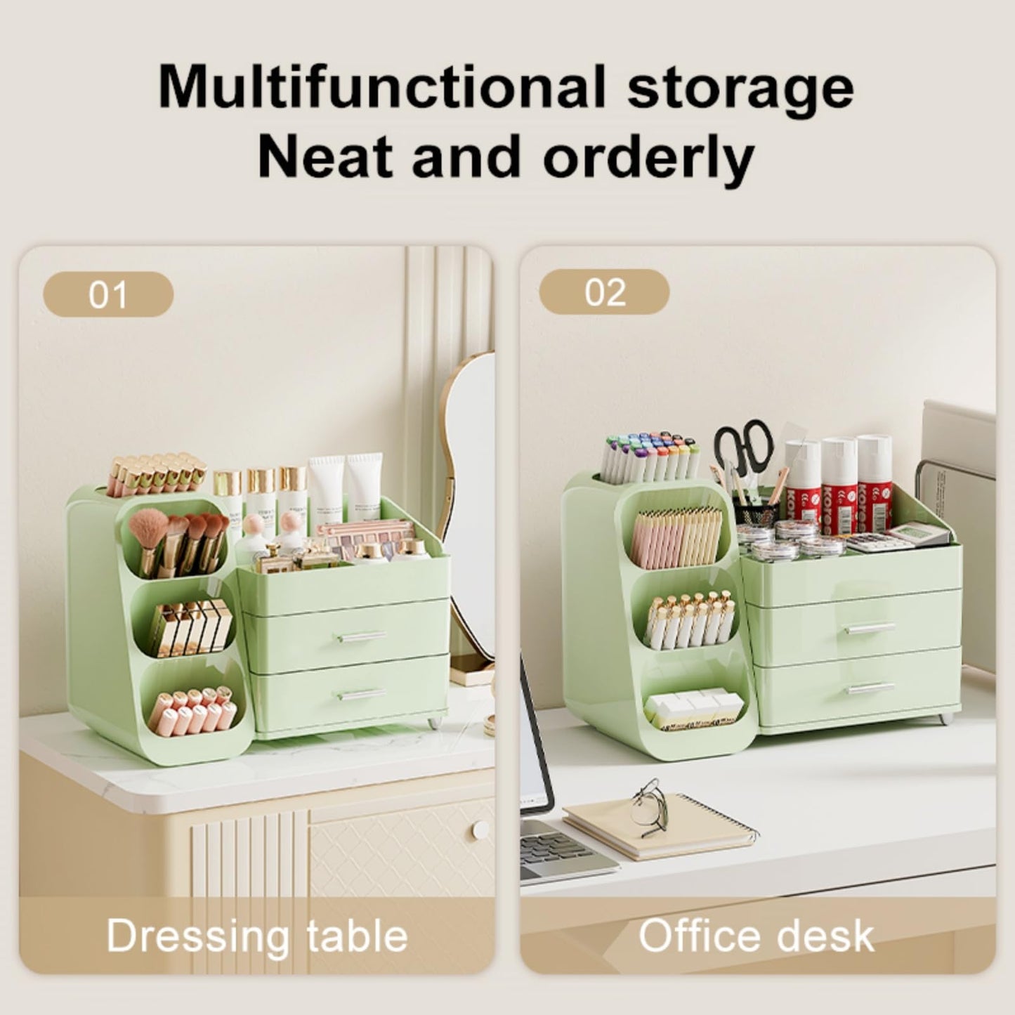 Booklov Makeup Organizer for Vanity, Large Capacity Cosmetic Display Case with Drawers, Countertop Beauty Storage Holder for Skincare, Brush Eyeliner Perfume Eyeshadow Lipsticks, Counter Desk, Green