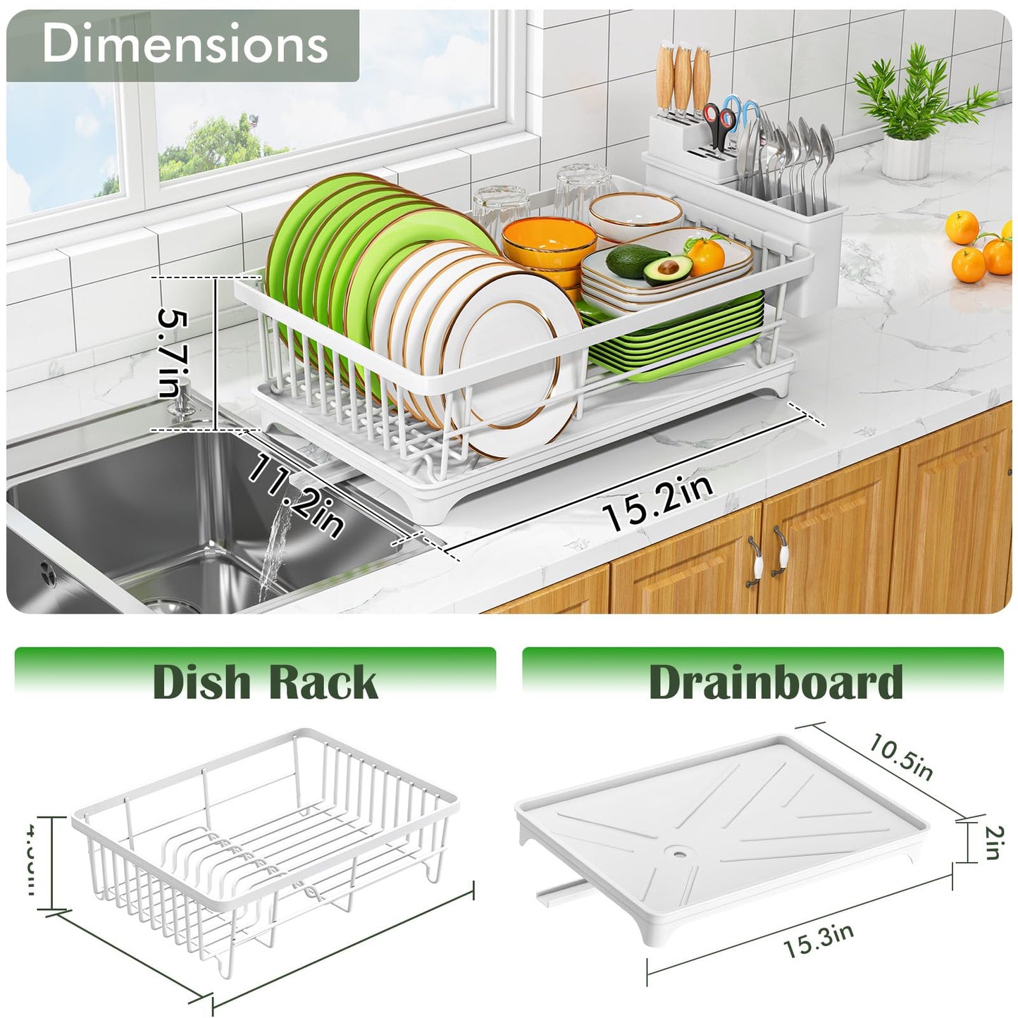 Kmiectse Dish Drying Rack - Space-Saving Small Dish Rack for Kitchen Counter, Rust-Resistant Kitchen Drying Rack, Compact Dish Drainer Organizer with Utensil Holder for Home Kitchen, White