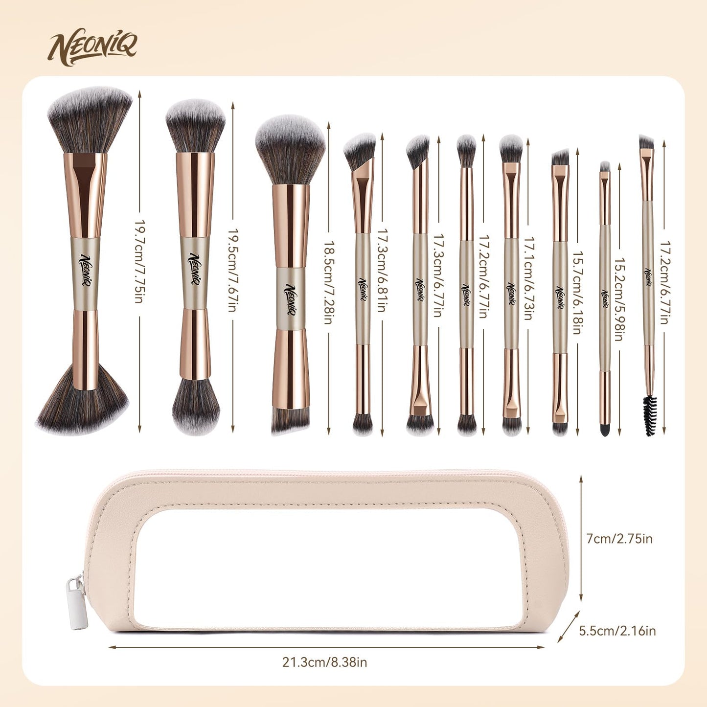NEONIQ 10 PCS Travel Makeup Brush Set With Bag, Makeup Brushes, Double-End Multi-functional Brushes for Foundation Powder Blush Eyeliner Eyeshadows, Professional Face Brush Set（Champagne Gold）