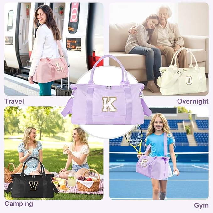 Dance Gym Duffel Bag for Teen Girls, Personalized Initial Travel Weekender Bag,Cute Overnight Carry On Duffle for Women,Sports Travel Cheer Bag,Monogram Christmas Gifts for Tween Preppy(purple-K)
