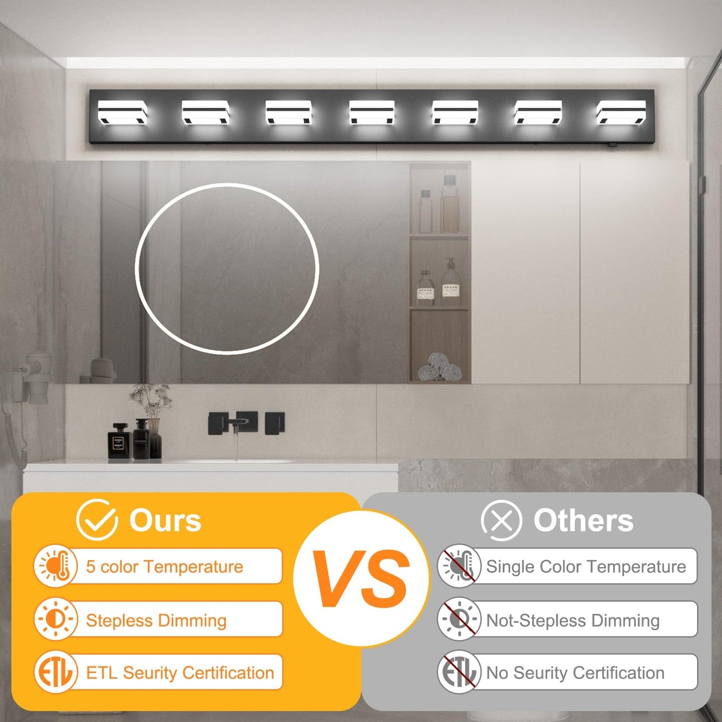 Ralbay 5 Color Temperature Dimmable 46inch Matte Black Vanity Lights Acrylic Modern LED Black Vanity Lighting for Bathroom 7 Lights