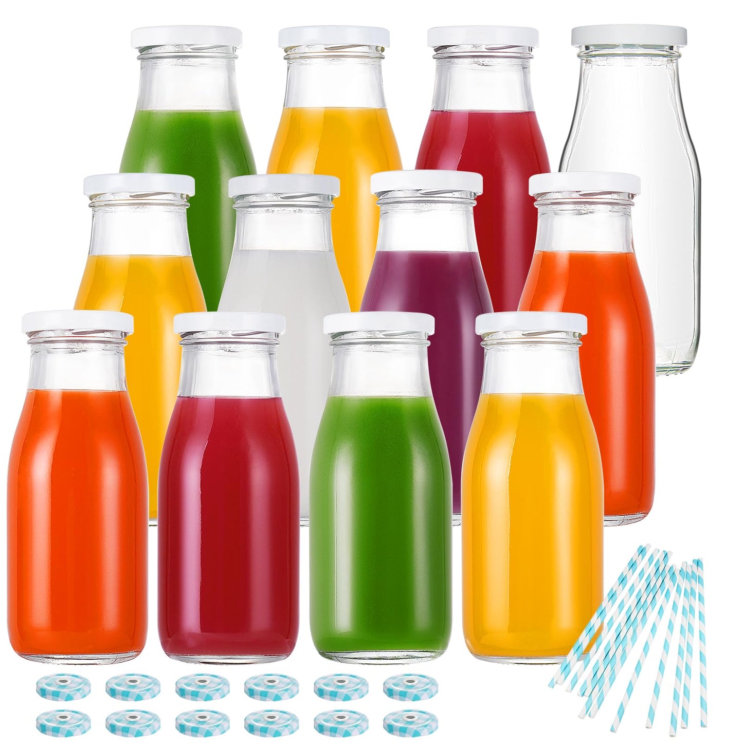 YEBODA 11oz Glass Milk Bottles with Reusable Metal Twist Lids and Straws for Beverage Glassware and Drinkware Parties, Weddings, BBQ, Picnics, Set of 12