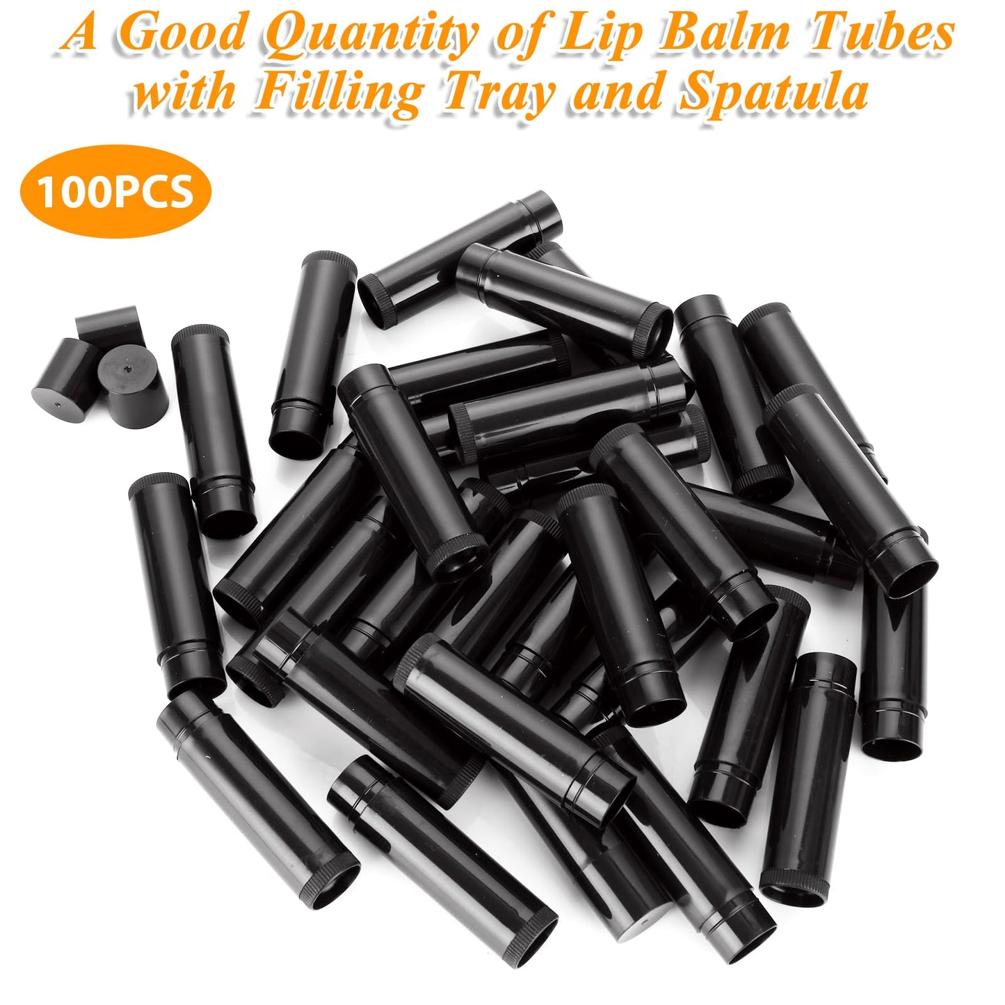 GBACHOOSE 100 Pack Empty Lip Balm Tubes, 5ml/5g Black Chapstick Containers with Filling Tray and Spatula, Twist-Up Refillable Lip Balm Containers for DIY Lip Balm, Lipstick, Solid Perfume