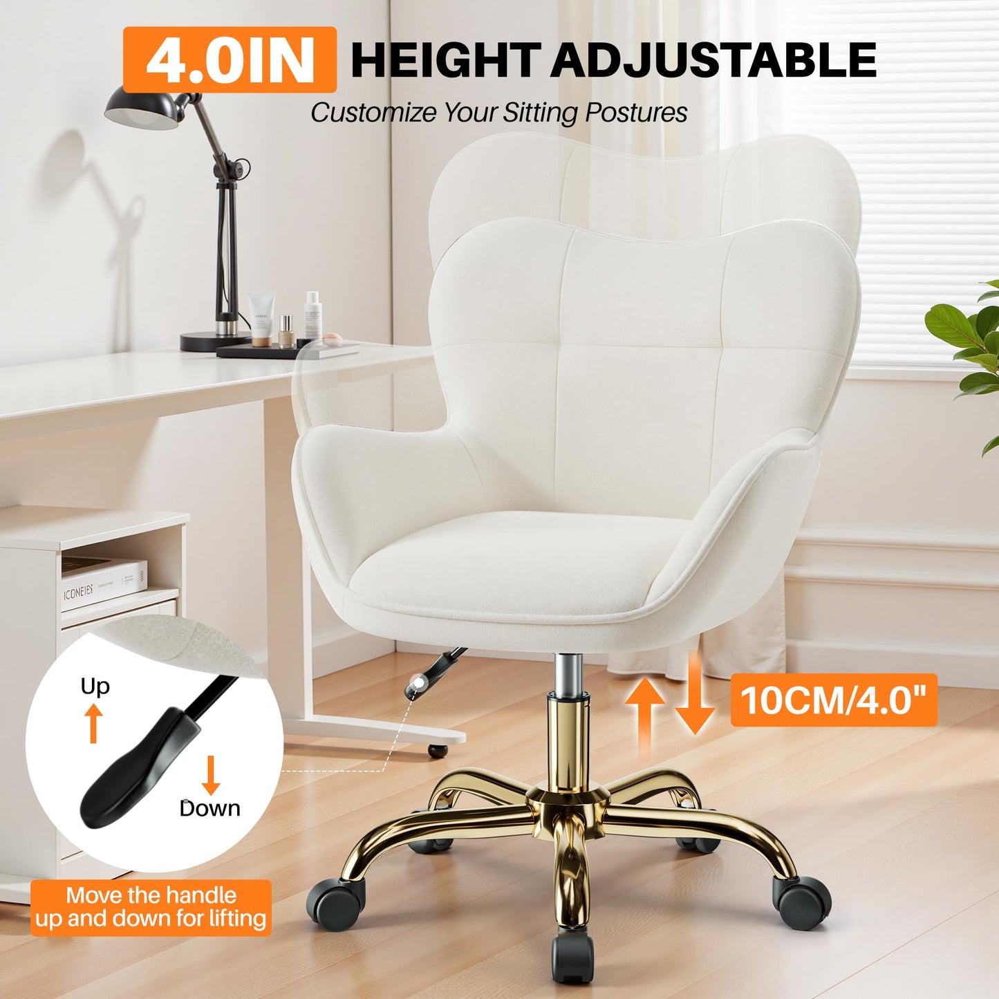 BestEra Vanity Chair with Wheels, Cute Home Office Desk Chairs Adjustable Height for Living Bedroom, Small Modern Fluffy Velvet Makeup Chair with Back for Girls (White)