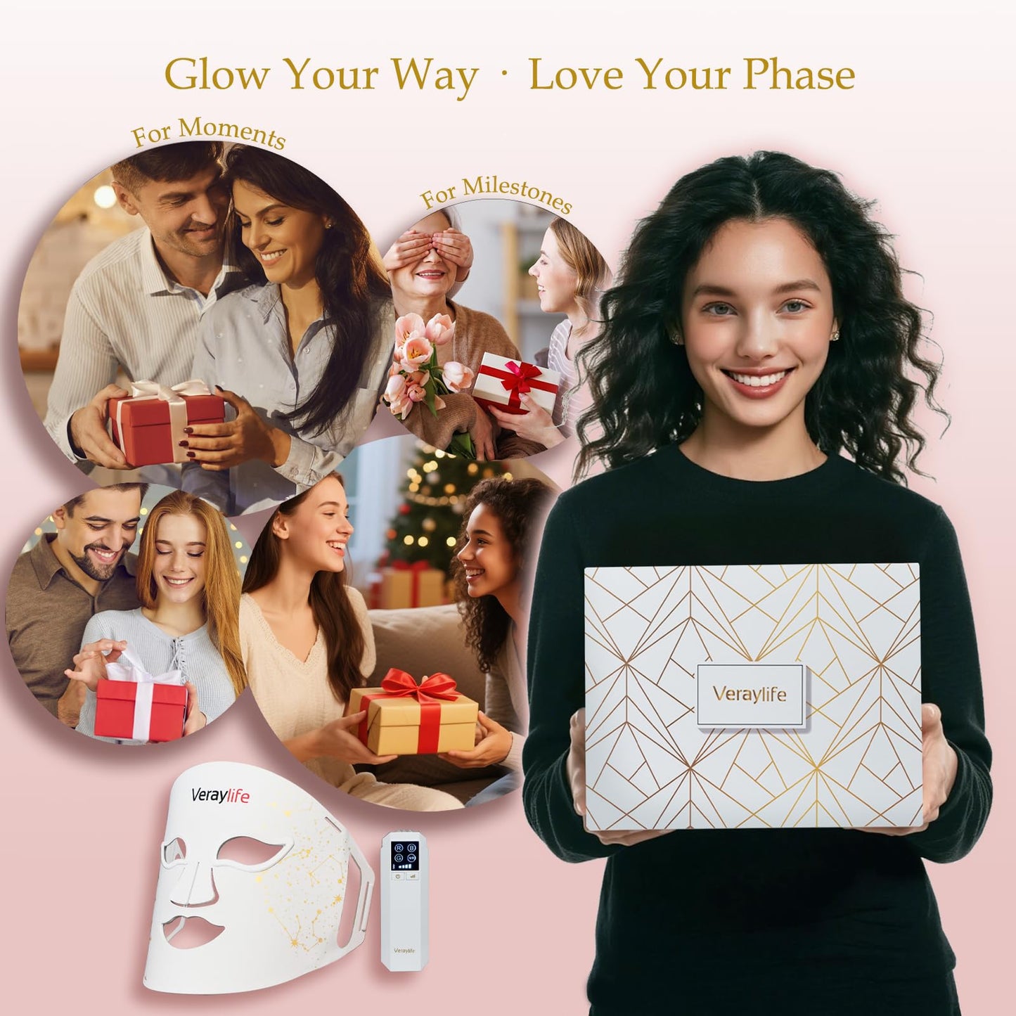 Veraylife Red Light Therapy for Face, 7 Colors & 8 Modes Red Light Mask with 850nm NIR, 3000mAh Rechargeable Led Face Mask Light Therapy, 432 Beads Pro LEDs Mask at Home (White)