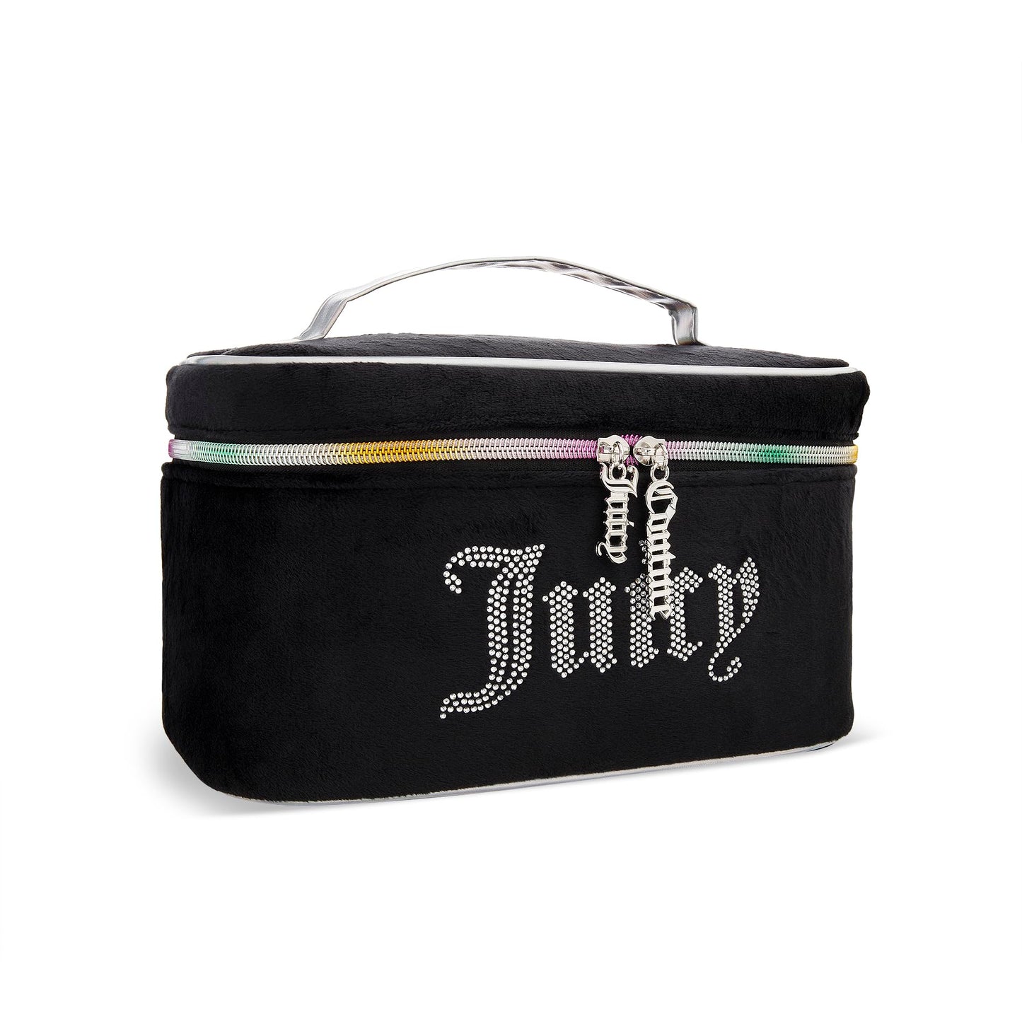 Juicy Couture Black Rainbow Makeup Bag Cosmetics Organizer Travel Essentials Train Case Velour Rhinestones