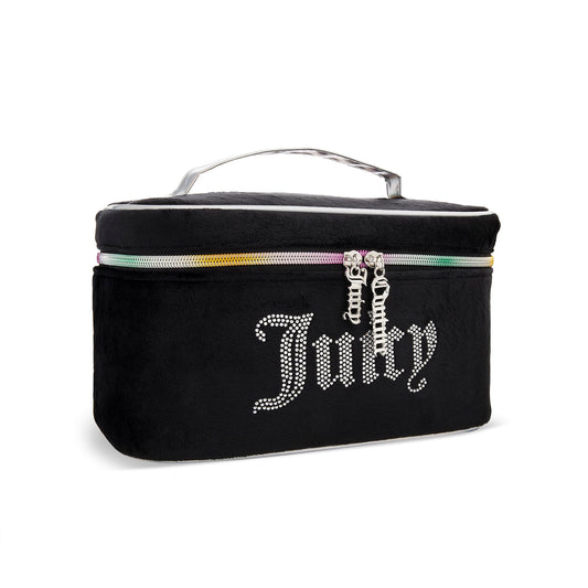 Juicy Couture Black Rainbow Makeup Bag Cosmetics Organizer Travel Essentials Train Case Velour Rhinestones