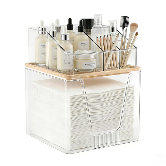 2 in 1 Disposable Facial Towel Holder and Cosmetic Organizer, Clear Storage with Bamboo Lid Compatible with Clean Skin Club Towel XL, Stackable Vanity Organizer for Bathroom Vanity Counter (1 Pack)