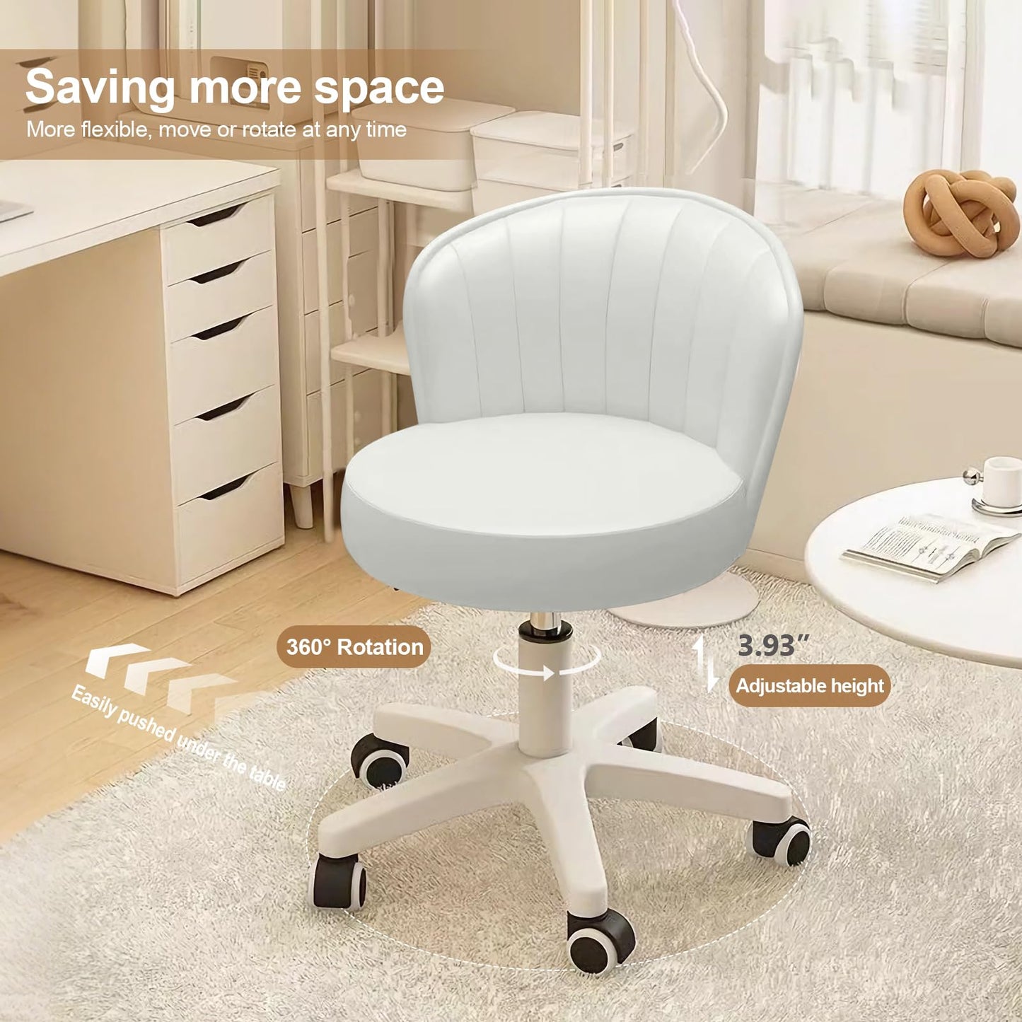 WXJHL Small Round Rolling Desk Chair Armless Comfy Vanity Computer Chair Height Adjustable Swivel Work Spa Chair