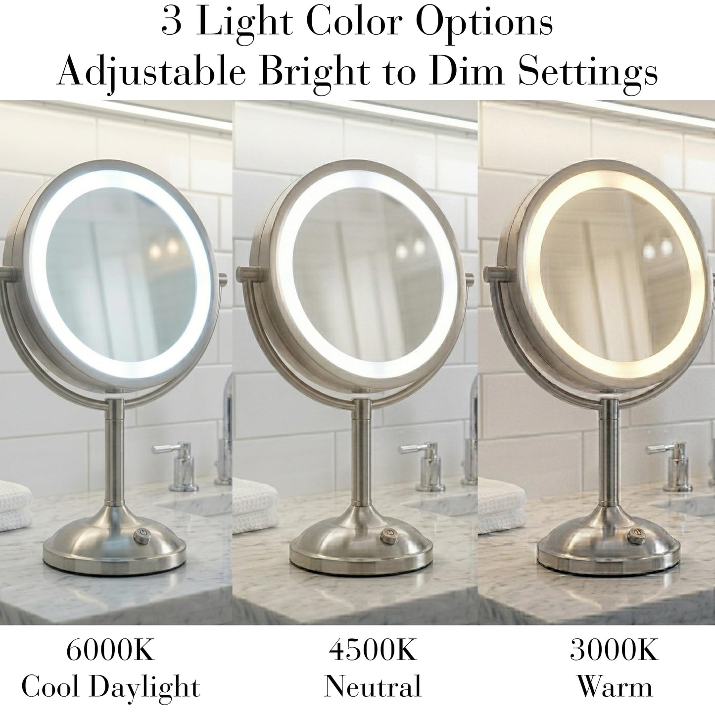 JERDON Lighted Tabletop Mirror with 10X/1X Magnification - LED Lighted Makeup Mirror with Multiple Light Settings in Nickel Finish - 8.5-Inch Diameter Vanity Mirror - Model JS8510BN