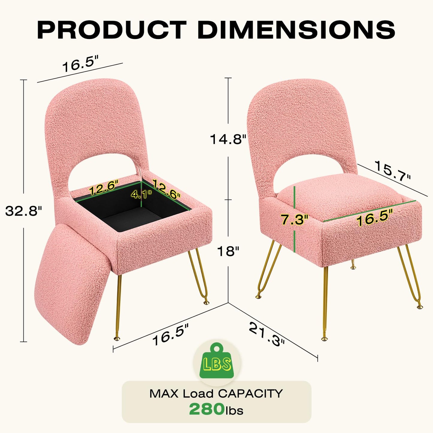Furnistyle Vanity Chair with Storage & Folding Backrest, Cute Pink Faux Fur Vanity Stool, Comfy Padded Make Chair for Makeup Bedroom, Adjustable Back & Plush Cushion Seat,16.6" Wide 11L Storage Space