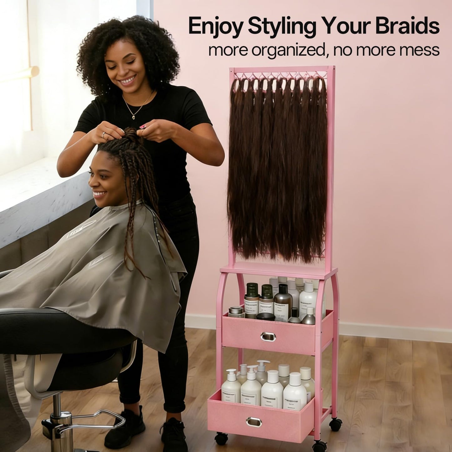 Portable Braiding Hair Rack with Wheels & Storage Drawers,2-Sided 288 Pegs,Hair Extension Holder Hanger for Braiding Hair Separator Stand Display,Hair Rack with Stylist Hair braiding Tools（Pink）