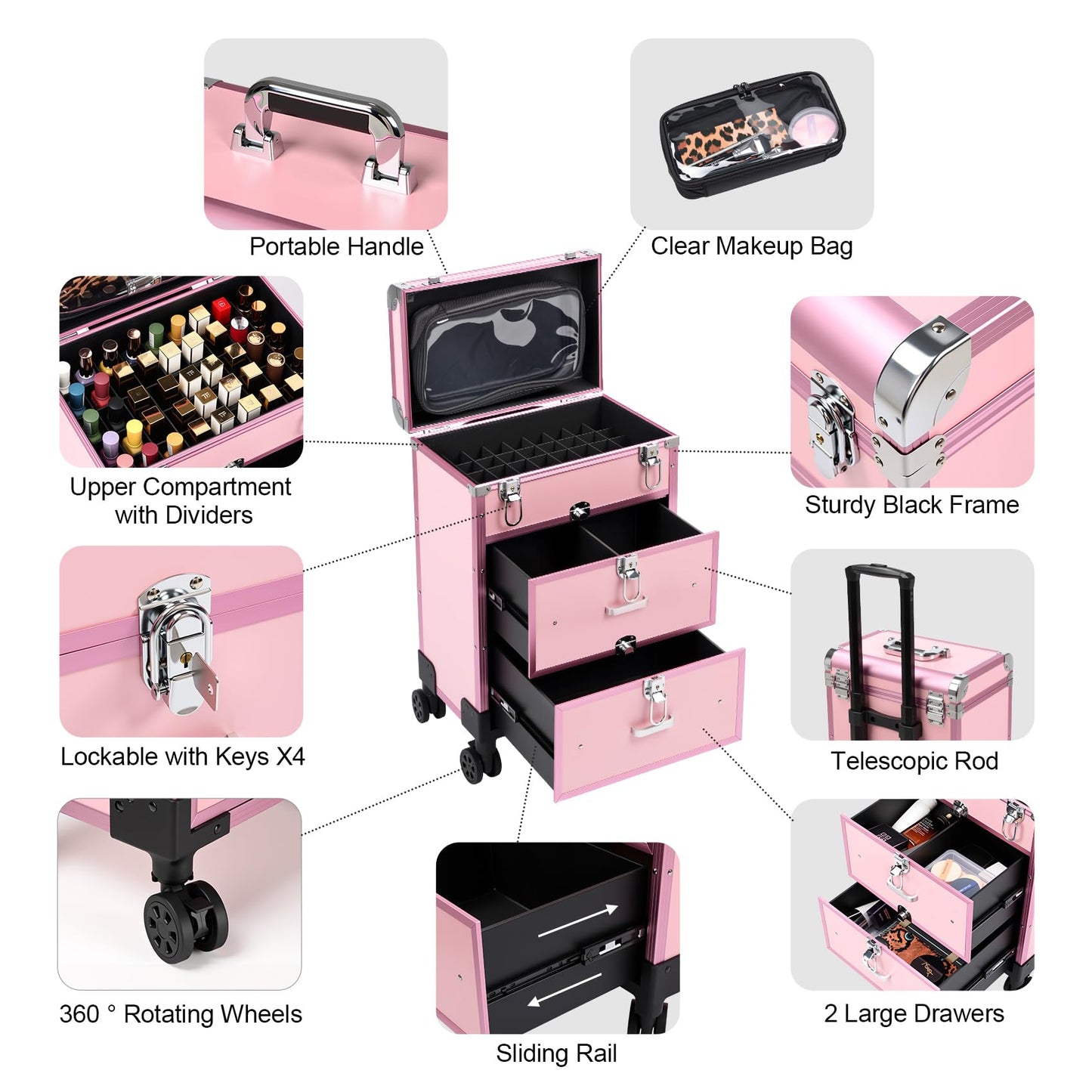 3 in 1 Rolling Makeup Case, Professional Cosmetology Case on Wheels, Detachable Clear Makeup Bag & Nail Polish Organizer, Portable Makeup Trolley with Drawers for Makeup Artists & Nail Technicians