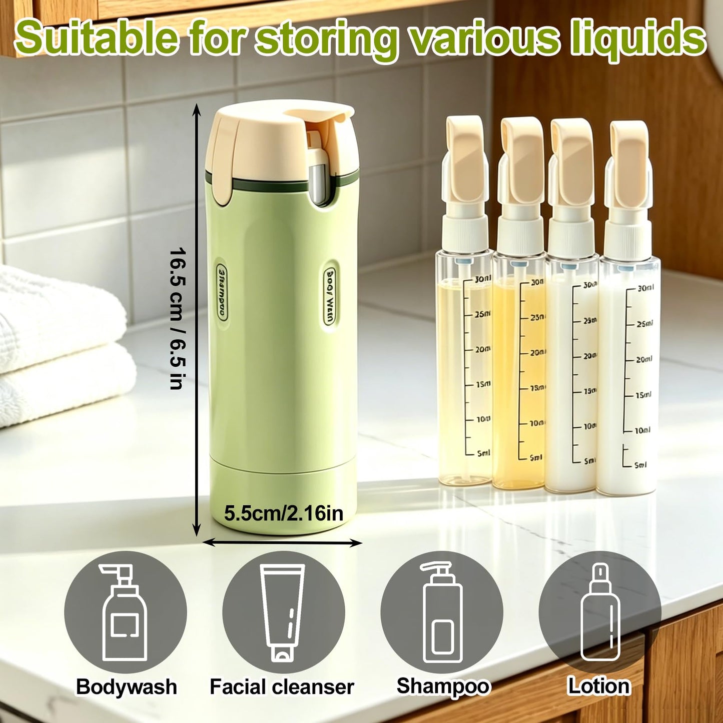 ZXAPJJD 4 in 1 Travel Dispenser Bottle, Leakproof Rotatable Travel Pump Bottles for Toiletries, TSA Approved Hard Shell Liquid Containers (4x30ml/1oz), Essentials for Women & Men (White)
