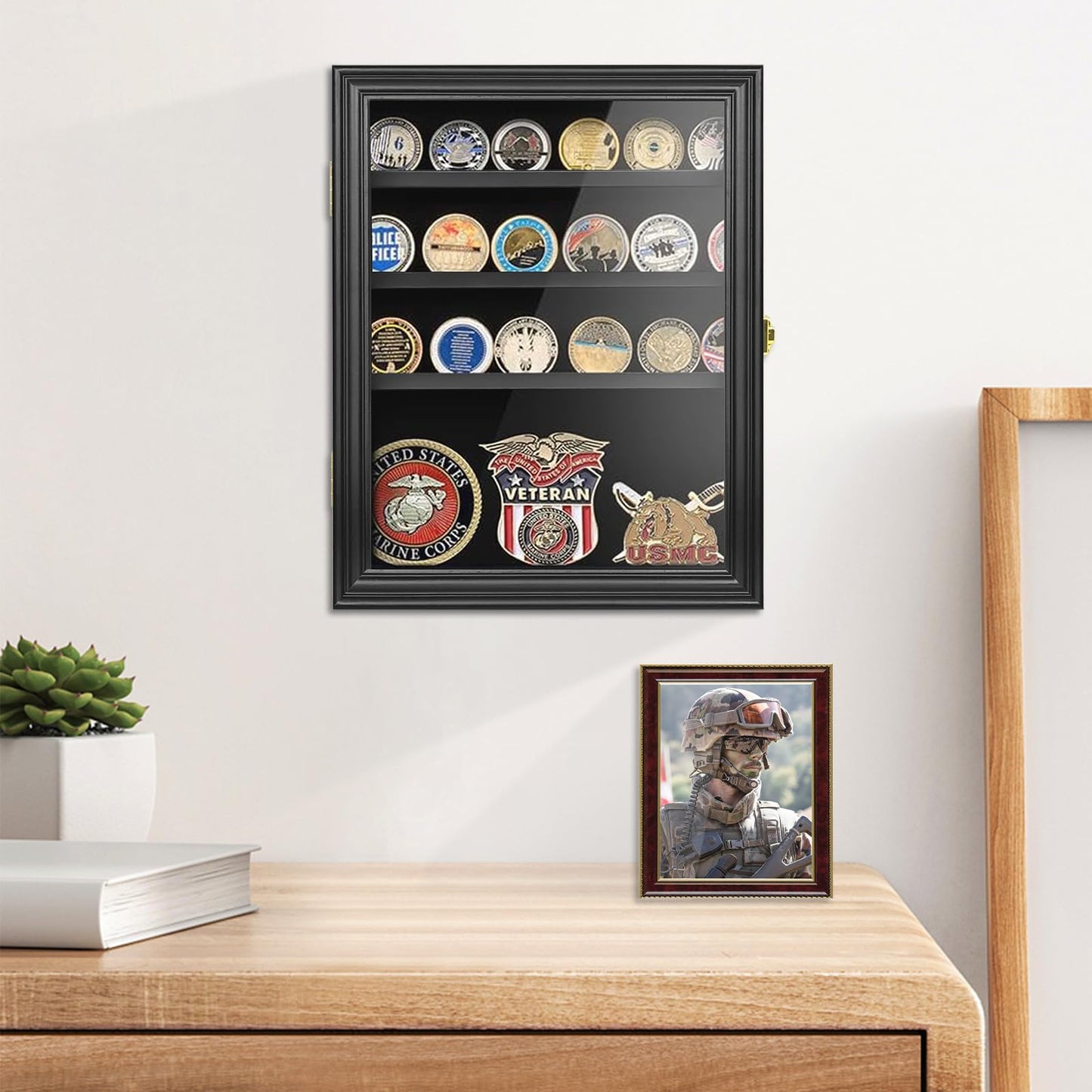 Military Challenge Coin Display Case Holder, Lockable Wooden Army Coins Display Box Cabinet with Anti Fade Acrylic Glass Door, Coin Stand Rack with Removable Shelves and Wall Mounted, Black