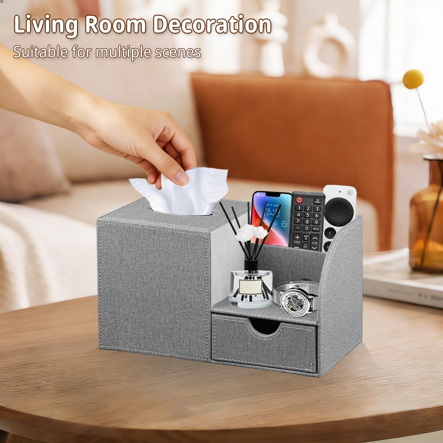 Nightstand Organizer with Tissue Holder,PU Leather Square Tissue Box Cover,Modern Facial Paper Organizer Storage Box for Remote Control,Bathroom,Vanity Countertop,End Table Home Office.Gray