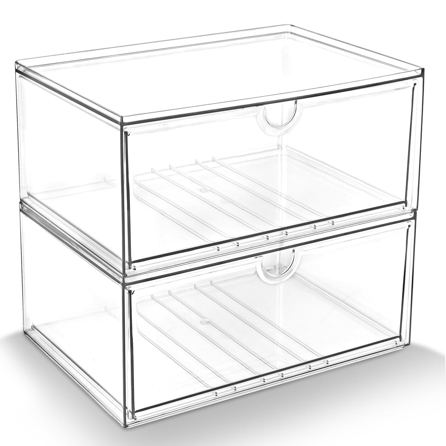 Prsildan Acrylic Makeup Organizer, 2 Pack Stackable Clear Storage Drawers for Baby Bottles Desk Organizers with 2 Drawers for Countertop Vanity Nursery Modular System for Cosmetics Jewelry