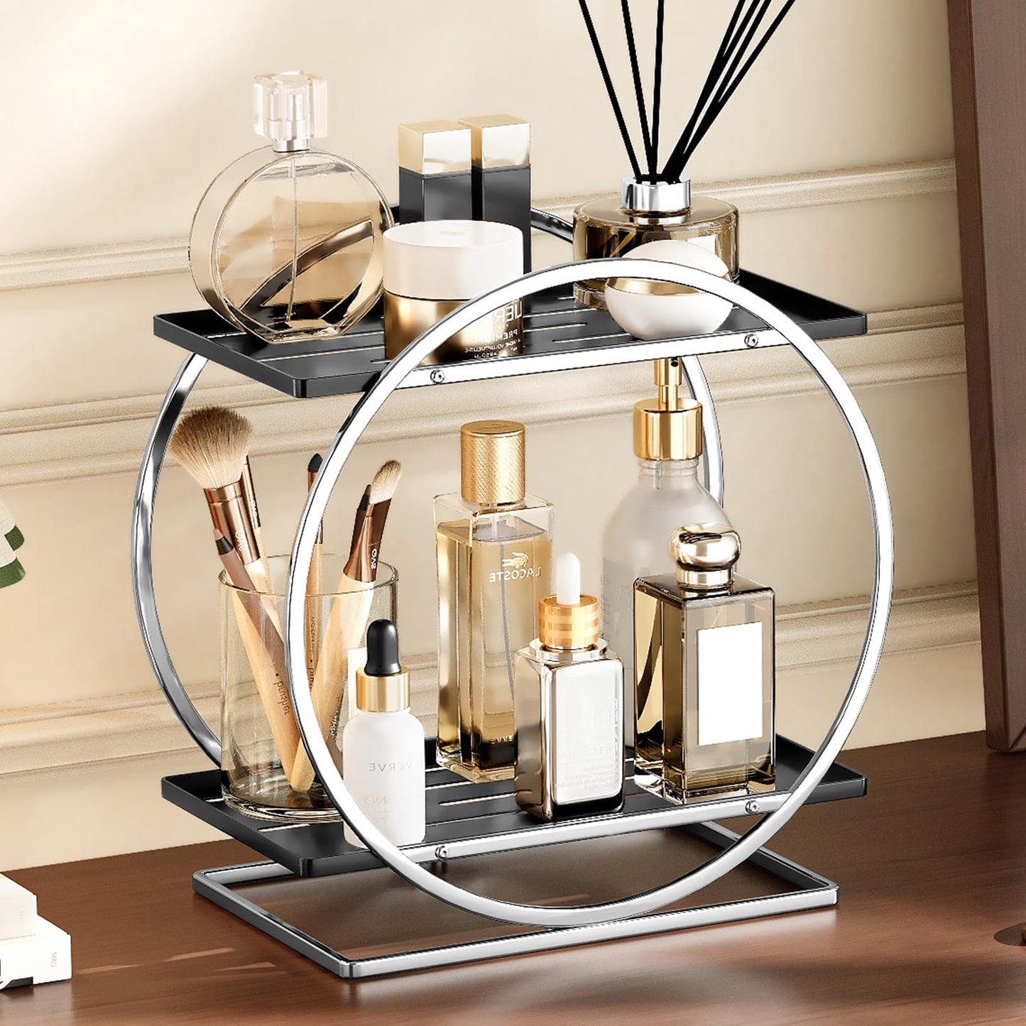 YIWANFW Bathroom Counter Organizer, Silver Black Perfume Organizer for Dresser, 2-Tier Bathroom Organizers and Storage, Exquisite Makeup Organizer Countertop Vanity Tray for Perfume Cosmetic Skincare