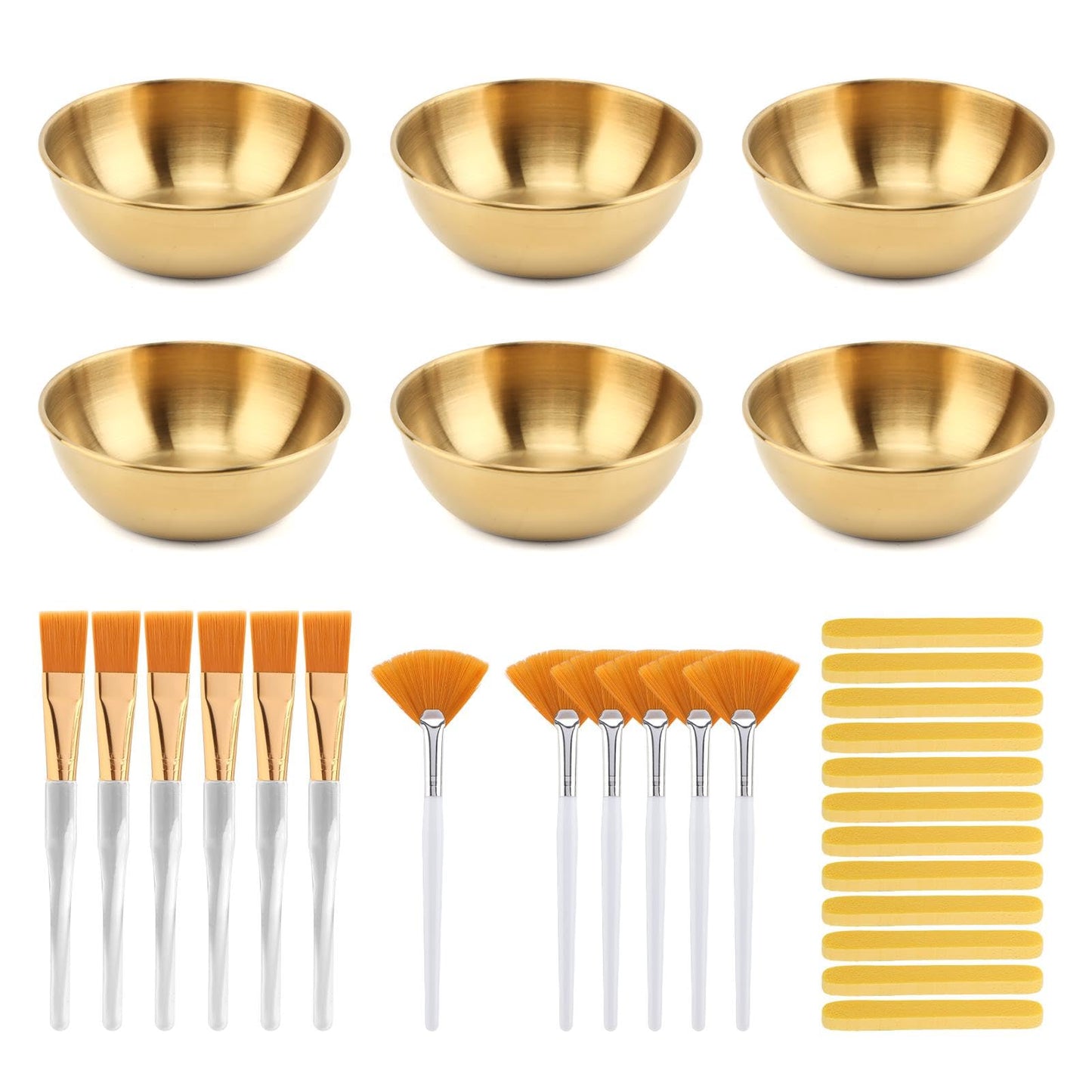30Pcs Esthetician Supplies for Facials Set 6 Gold Facial Bowls Esthetician 6* Facial Brushes 6* Flat Brushes 12 Sponge Strips Face Cosmetic Applicators for Mask Mixing(COLOR:Gold)