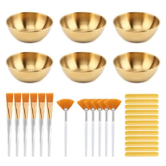 30Pcs Esthetician Supplies for Facials Set 6 Gold Facial Bowls Esthetician 6* Facial Brushes 6* Flat Brushes 12 Sponge Strips Face Cosmetic Applicators for Mask Mixing(COLOR:Gold)