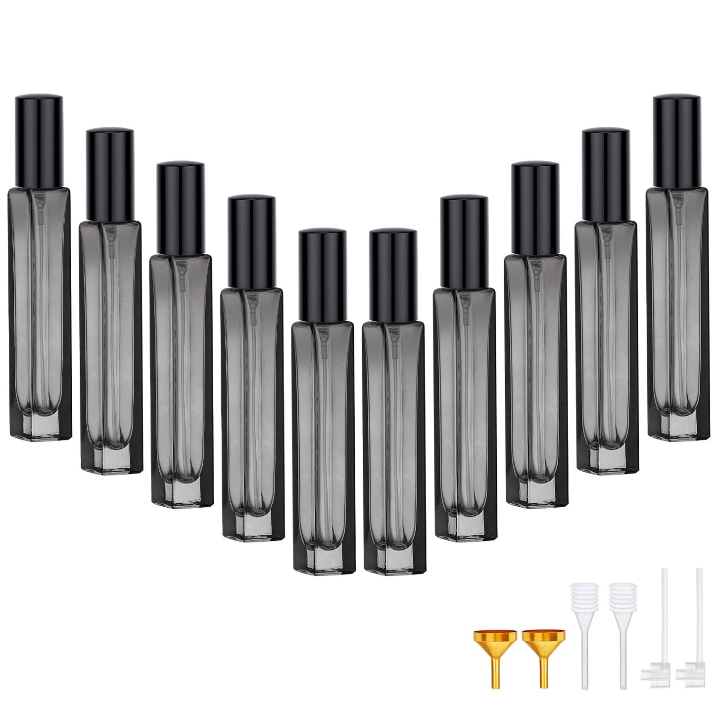 Segbeauty 0.34oz Small Travel Size Perfume Atomizer, 10pcs 10ml Refillable Atomizer Sprayer for Perfume, Black Glass Spray Bottles Empty with Refill Kit for Women, Mini Travel Cologne Sprayer for Men