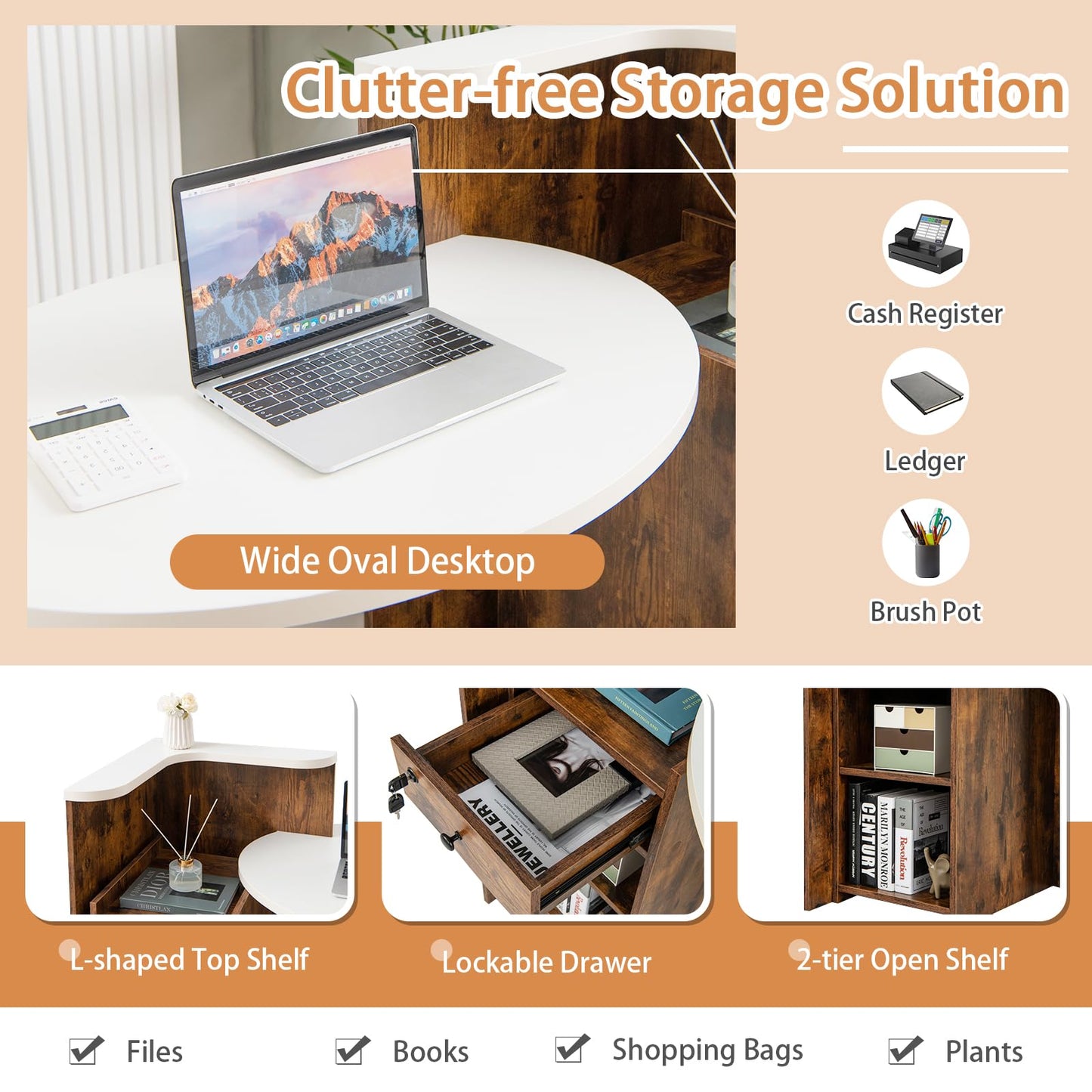 Tangkula Reception Desk, Front Counter Desk with Lockable Drawer & Adjustable Shelf, Oval Desktop, Retail Counter for Checkout, Computer Workstation for Salon Lobby Home Office