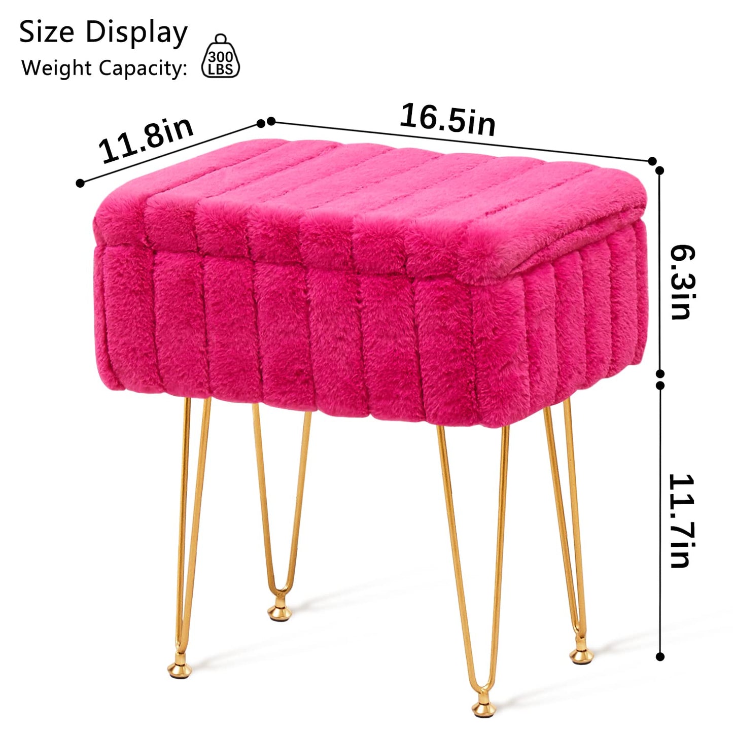 Wimarsbon Faux Mink Fur Storage Ottoman, Modern Soft Footstool, Storage Bench with Metal Legs, Vanity Seat, Fur Stool, Ottoman Coffee Table, Makeup Chair, Vanity Stools for Bedroom (Rose Red)