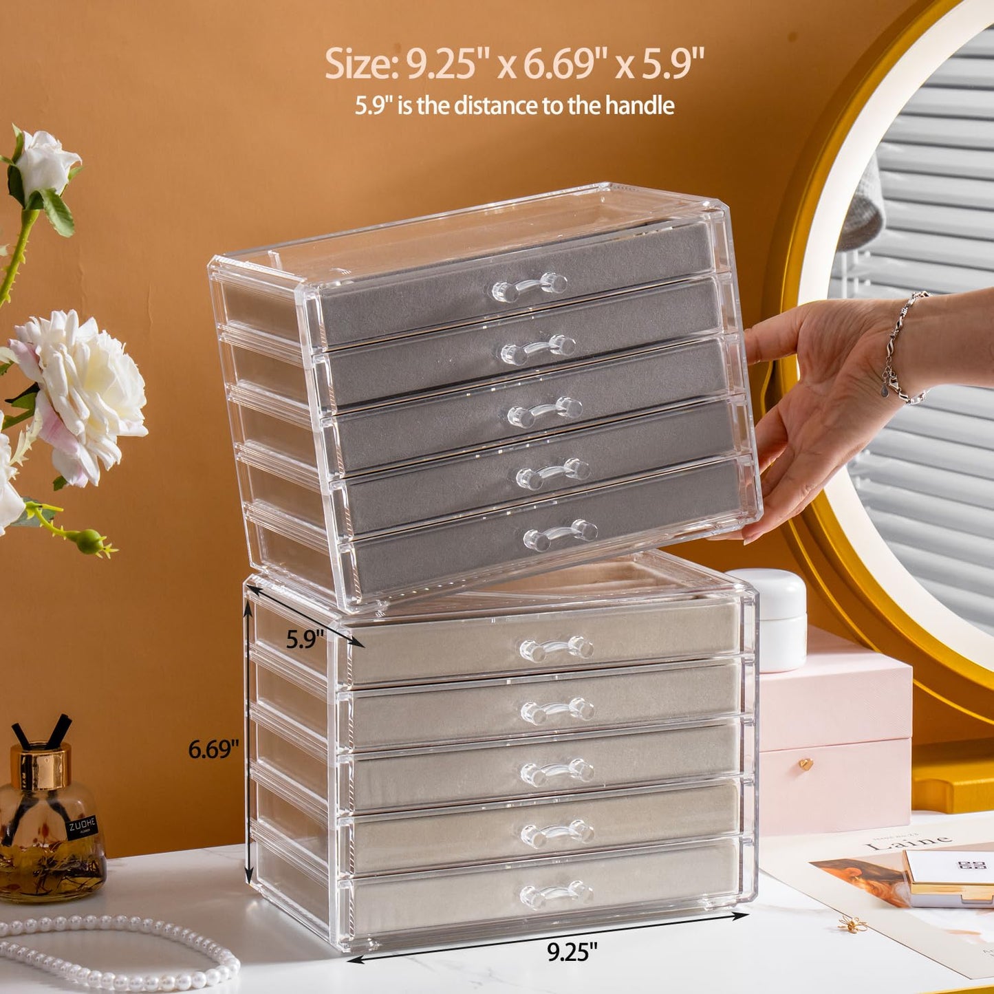 YUFONG Necklace Holder Organizer, Dustproof Necklace Box Velvet Necklace Organizer Box with Lid Clear Acrylic Dustproof Stackable Jewelry Displays for Necklaces Chain Display (Gray, 5 Drawer)