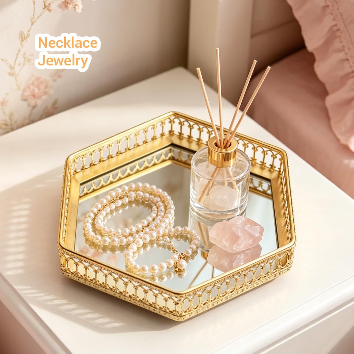 Perfume Organizer, Gold Mirror Perfume Tray, Decorative Metal Vanity Tray with Heart Cutouts, Jewelry Makeup Cosmetic Display Tray for Bathroom Dresser Bedroom Living Room (S, Hexagonal)