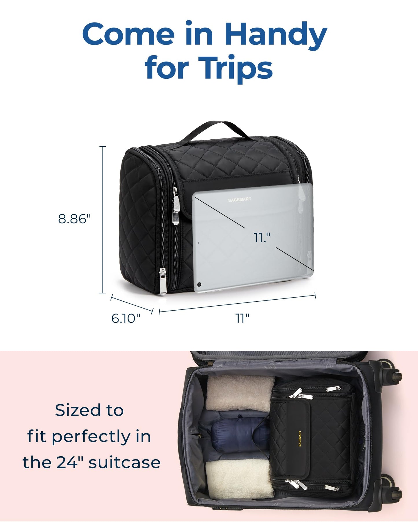 BAGSMART Toiletry Bag for Women, Travel Toiletry Bag Makeup Cosmetic Bag with Hanging Hook, Water-resistant for Toiletries Accessories Brushes Sponge