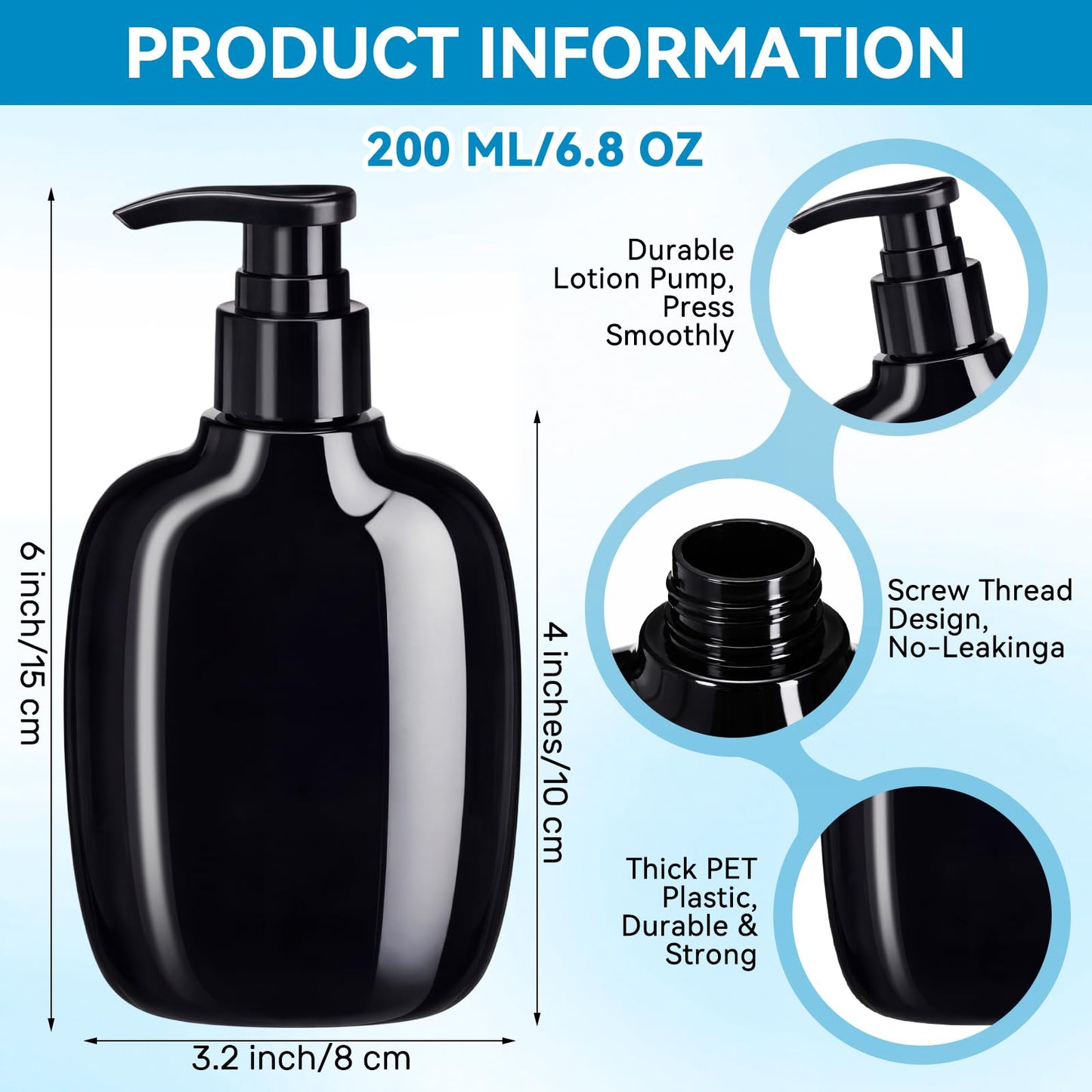 Gandeer 24 Pack Black Plastic Pump Bottles 6.8 Oz/ 200 ml Shampoo Lotion Dispenser Bottles Empty Refillable Hand Soap Liquid Dispenser Container with Press Pump for Travel Bathroom Hotel Kitchen