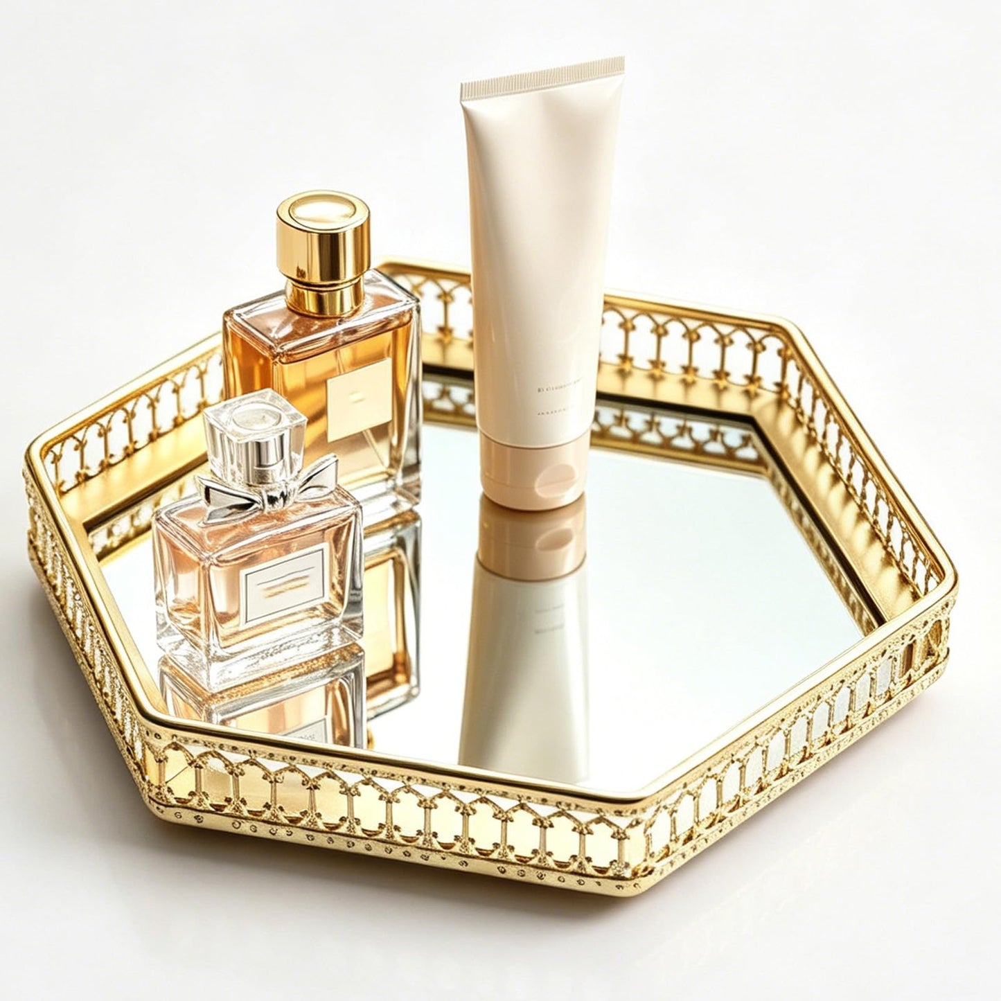 Perfume Organizer, Gold Mirror Perfume Tray, Decorative Metal Vanity Tray with Heart Cutouts, Jewelry Makeup Cosmetic Display Tray for Bathroom Dresser Bedroom Living Room (S, Hexagonal)