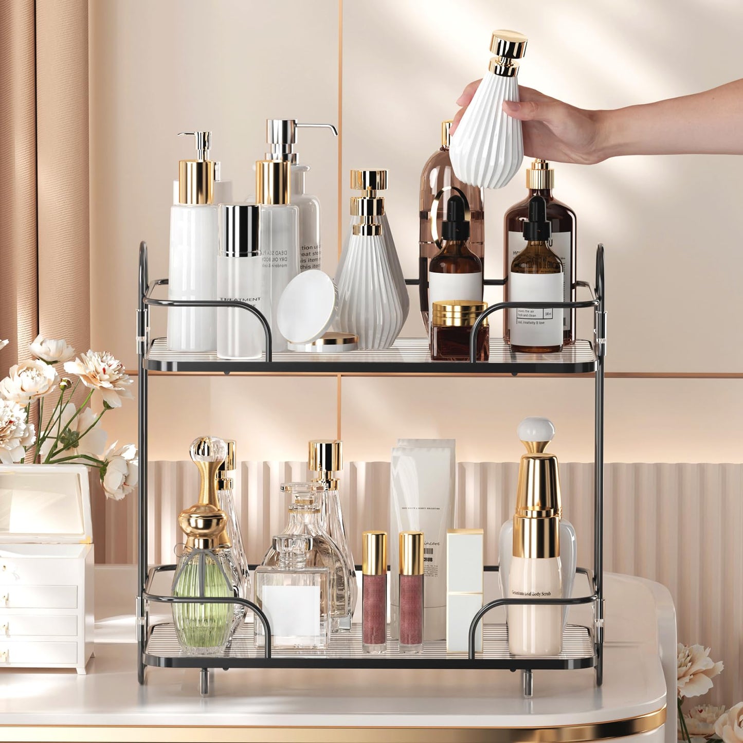 2 Tier Corner Bathroom Counter Organizer, Cosmetic Skincare Organizer, Bathroom Countertop Perfume Tray Vanity Organizer, Kitchen Spice Corner Storage Shelf