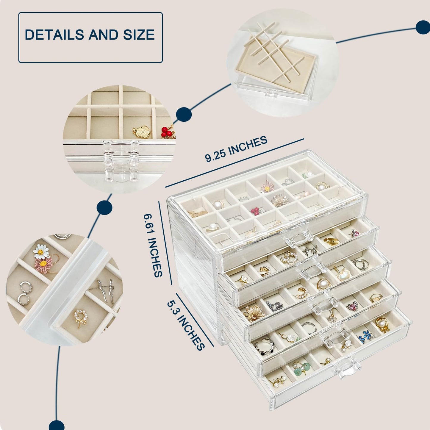 HOUKANWE Acrylic Earring Holder Organizer with 5 Drawers Clear Earring Organizer Box with 90 Adjustable Grids Velvet Earring Display Case Jewelry Organizer for Earrings Rings Studs (Beige)