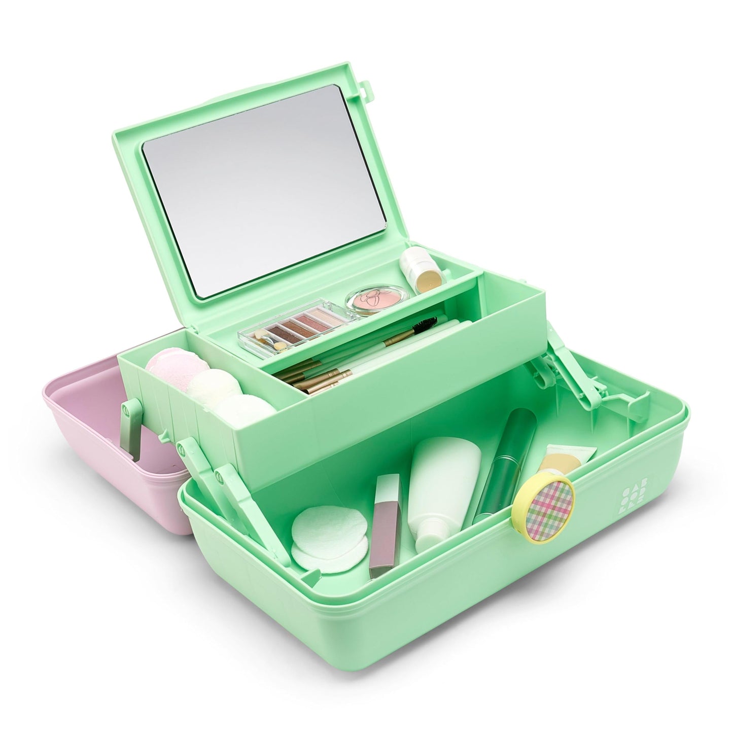 Caboodles On-The-Go Girl Makeup Storage Box 2-Pack, Two-Tone Pink/Light Blue and Lavender/Light Green, Hard Plastic Makeup Organizer Box, Built-In Mirror, Secure Latch for Safe Travel