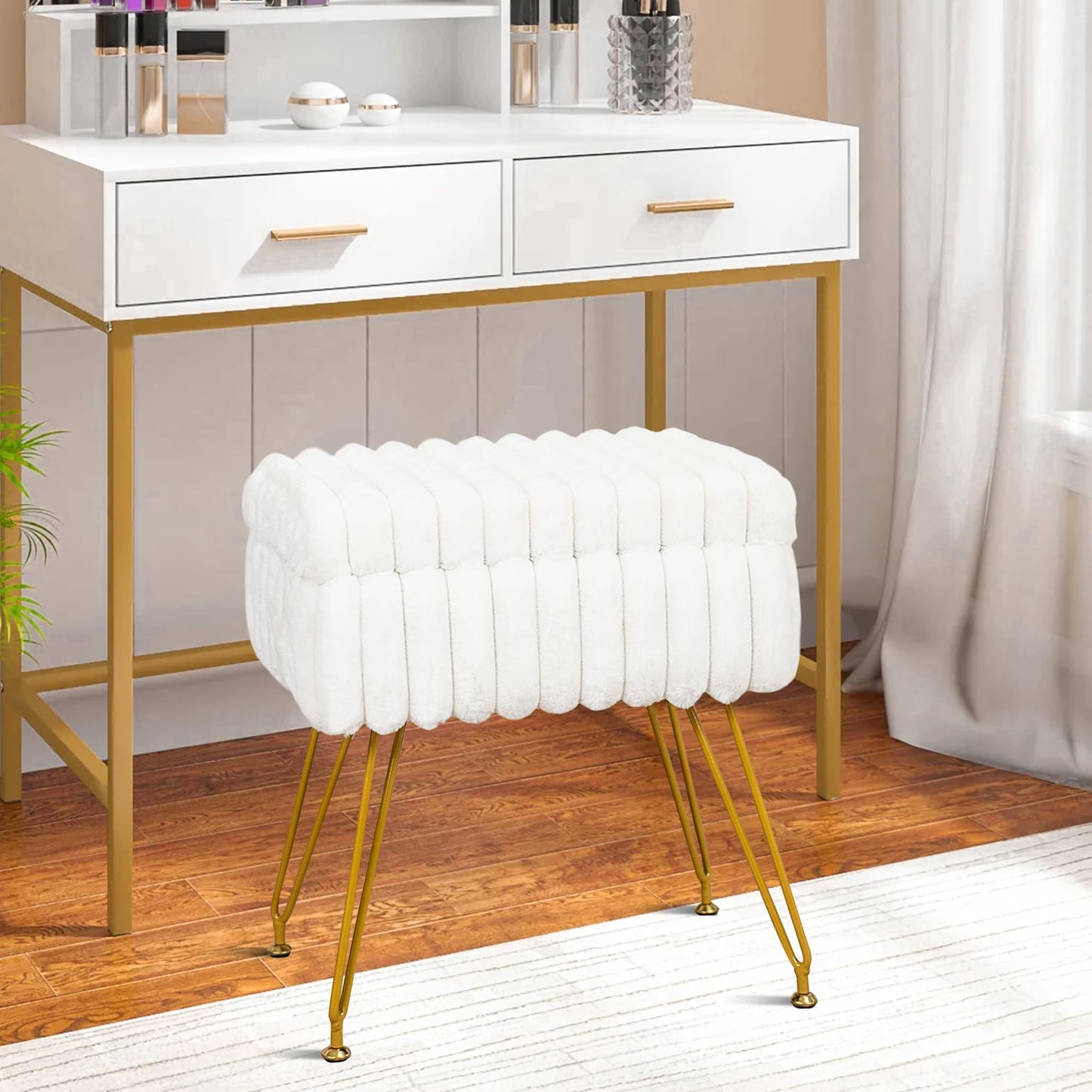 xuperbonus Faux Fur White Vanity Stool Chair with Storage Ottoman, Vanity Chair for Makeup Room, Vanity Stools for Bedroom, Footrest with Metal Legs and as a Coffee Table, White