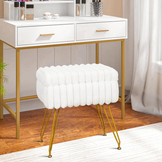 xuperbonus Faux Fur White Vanity Stool Chair with Storage Ottoman, Vanity Chair for Makeup Room, Vanity Stools for Bedroom, Footrest with Metal Legs and as a Coffee Table, White