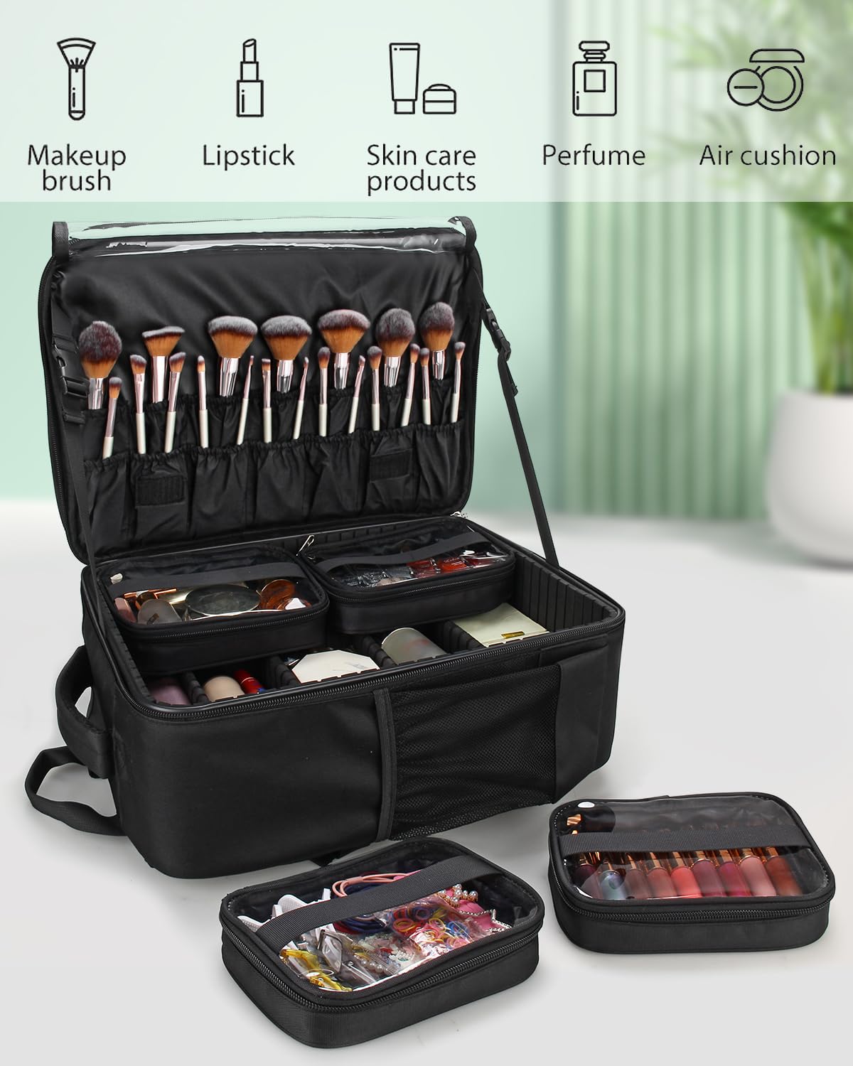 TANTO Makeup Backpack, Makeup Artist Bag Professional Cosmetic Bag with 4 Bag Extra Large Travel Train Case Double-Layer Make up Storage Organizer Cosmetic Brush Case with Adjustable Divider (Black