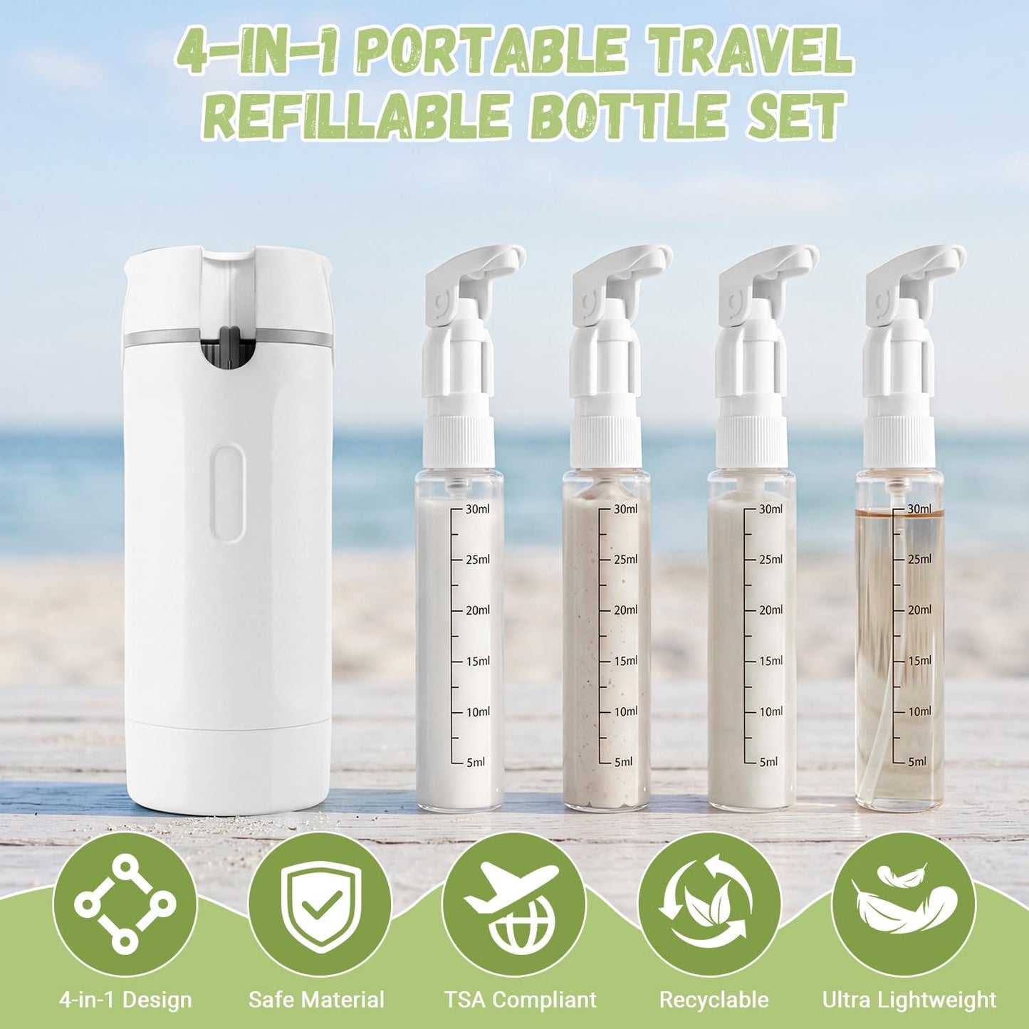 4 in 1 Travel Dispenser Bottle - Leak Proof Travel Containers - TSA Approved Travel Bottles for Toiletries - Travel Refillable Bottles - Portable Travel Size Pump Bottle - Travel Liquid Container