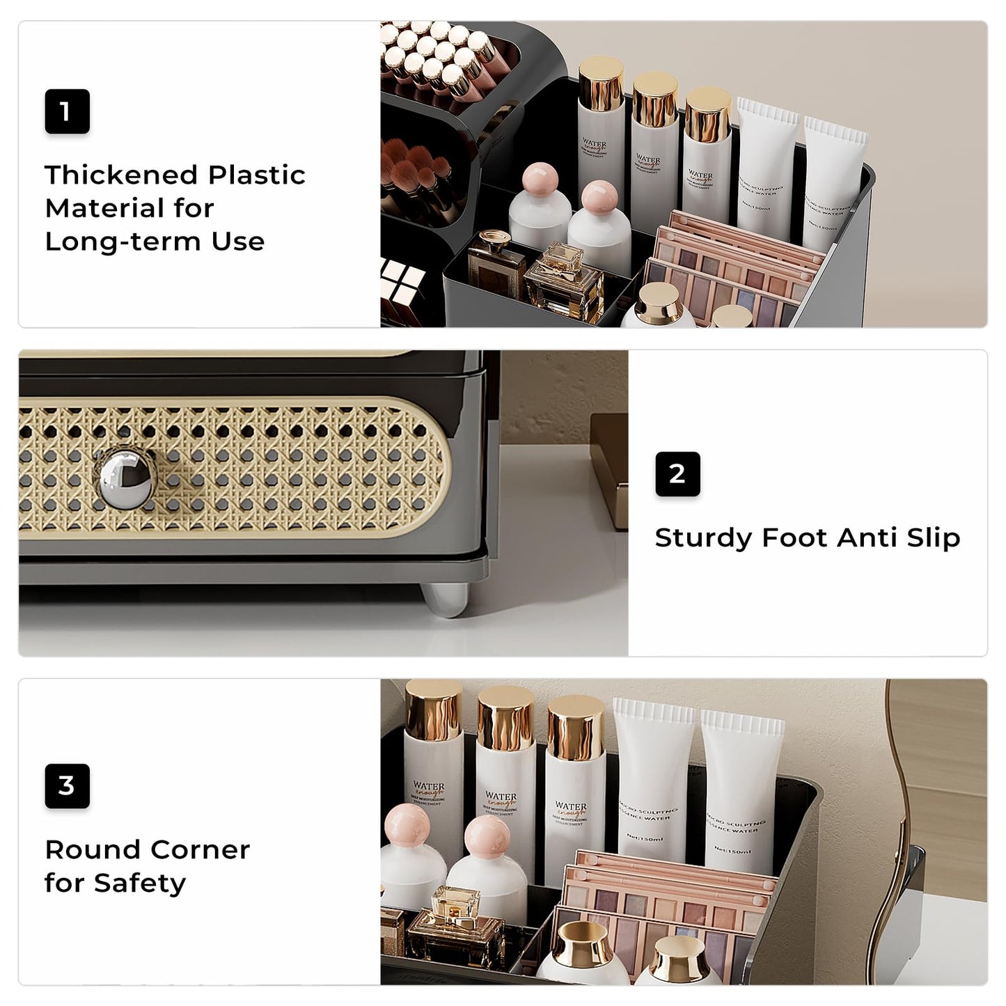 UFORU Makeup Organizer for Vanity with Brush Holder, Large Capacity Bathroom Countertop Skincare Organizer with 2 Drawers, Cosmetic Display Case for Perfumes, Eyeshadow Palettes, Nail Polishes