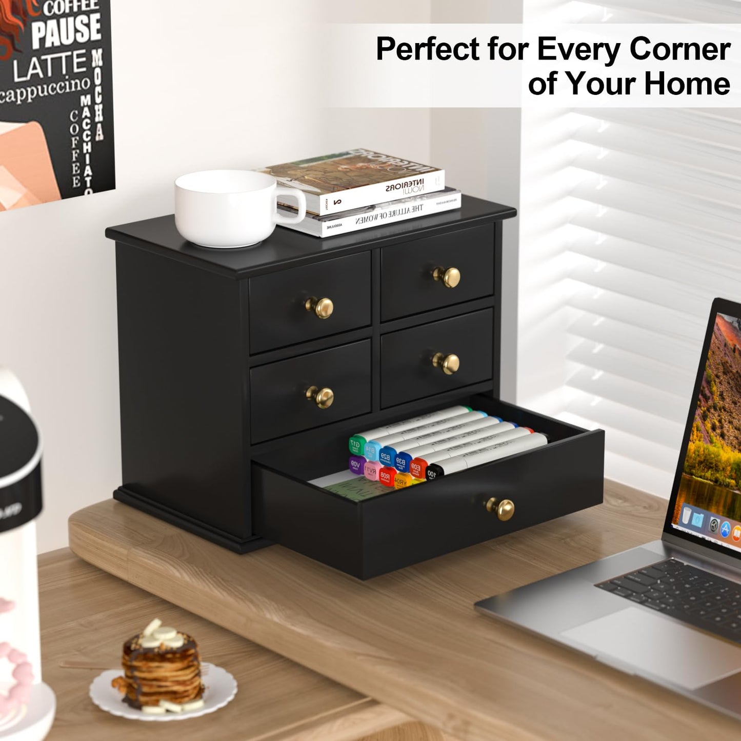 Oak Desk Organizer with Drawers, Durable Wooden Desktop Storage Box with Metal Handles & Non-Slip Silicone Pads, 5 Drawer Tabletop Organizer for Office, Bedroom, Bathroom, Vanity, and Makeup – Black