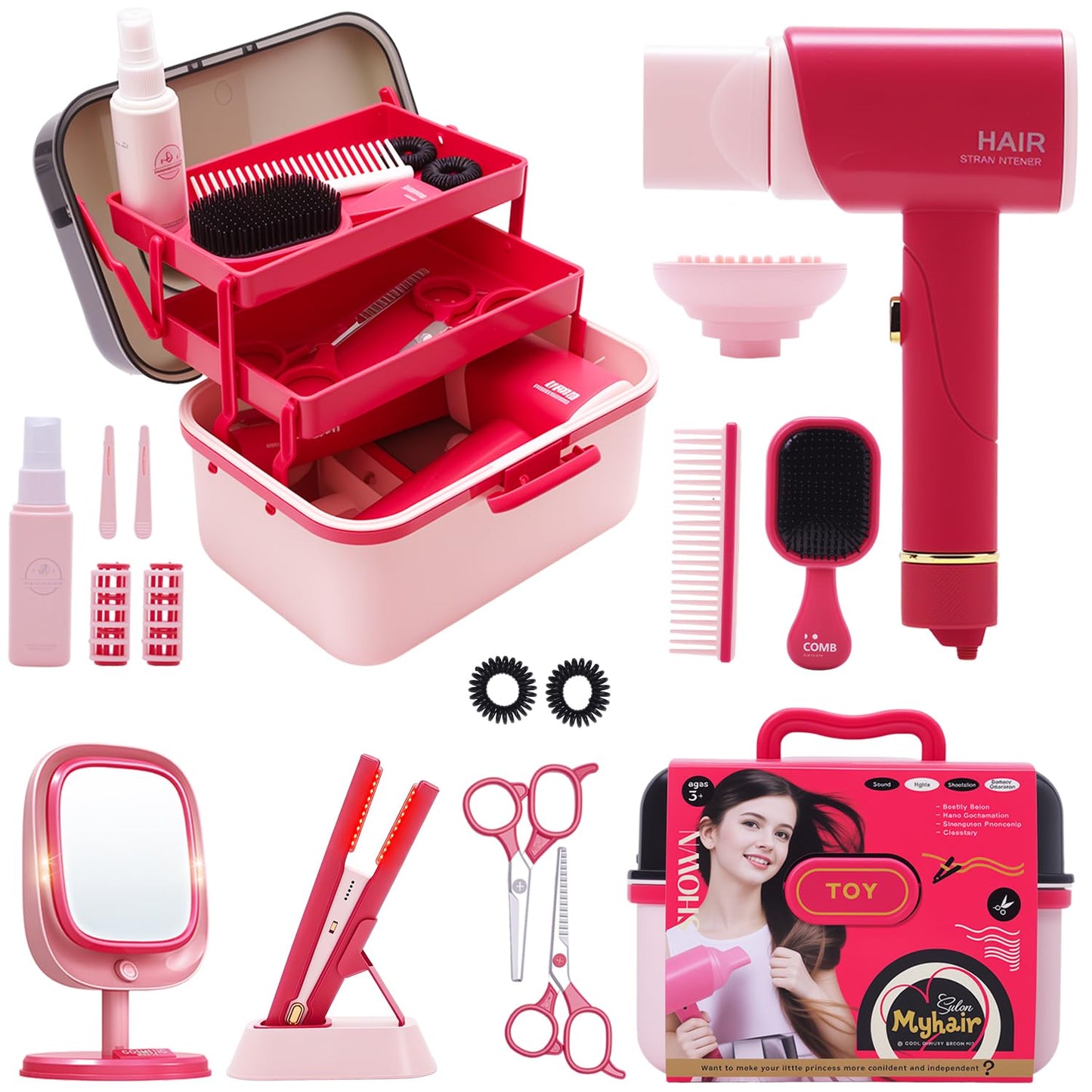 Hair Salon Toys for Girls 3-8,Pretend Hair Styling Set Barber Accessories Makeup Kit with Interactive Lights & Sounds,Educational Dress-Up Toy Vanities Birthday Gifts for Kids Ages 3,4,5,6,7,8