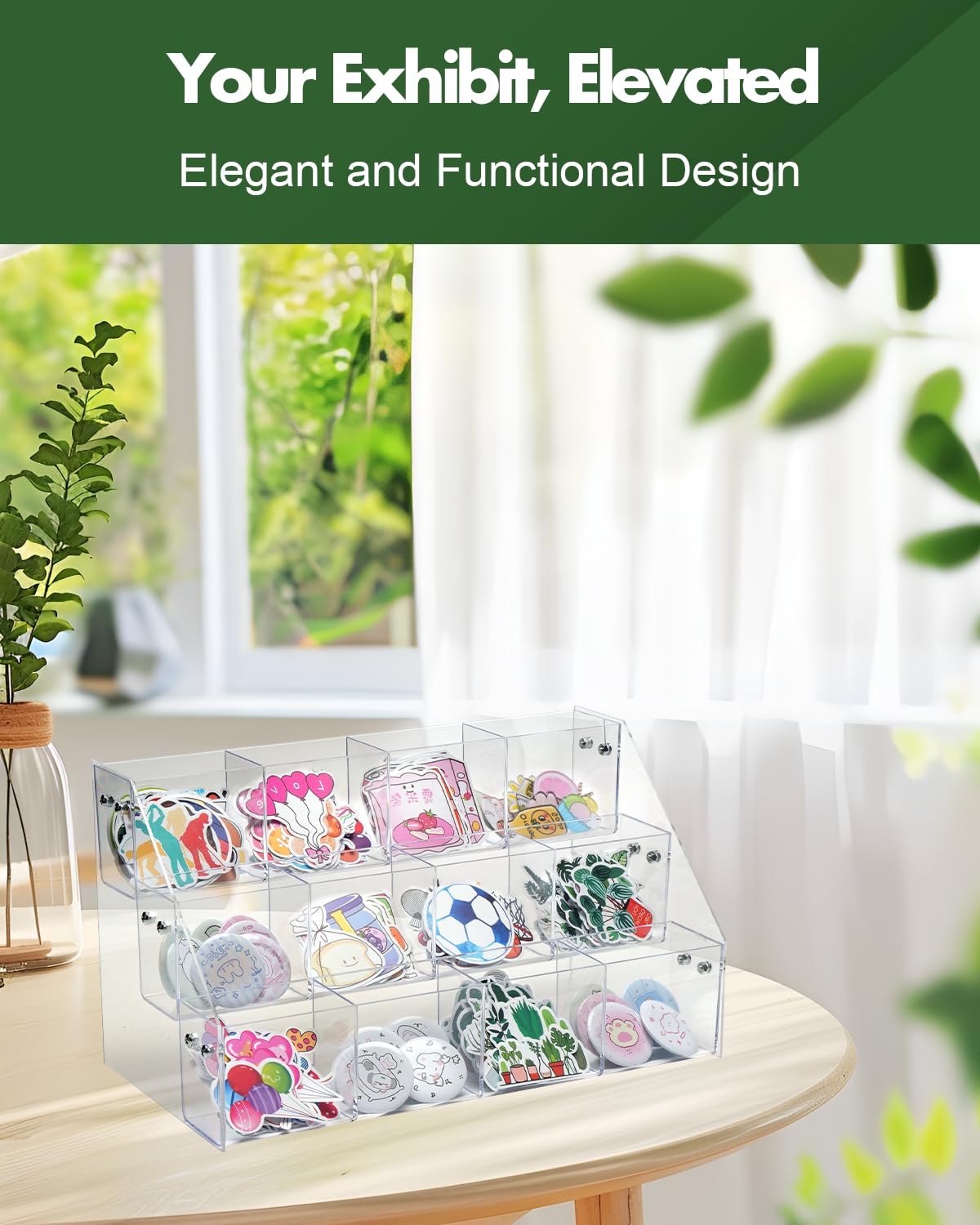 UCEC Clear Acrylic Sticker Display Stand, 3-Tier 12 Pockets Acrylic Card Display & Sticker Organizer, Essential Portable Organizer for On-the-Go Professionals, Tradeshows, Retail, and Supplier Events