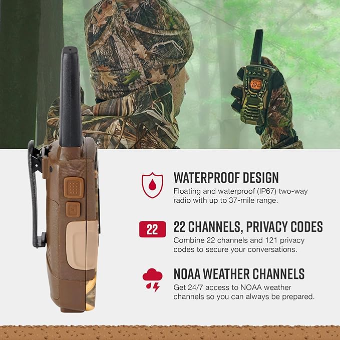 Cobra ACXT1035R FLT CAMO Floating and Waterproof Walkie Talkies for Adults with Compatible Cobra Surveillance Headset: Rechargeable, 22 Channels, Long-Range, 2 Two-Way Radios, 2 Headsets